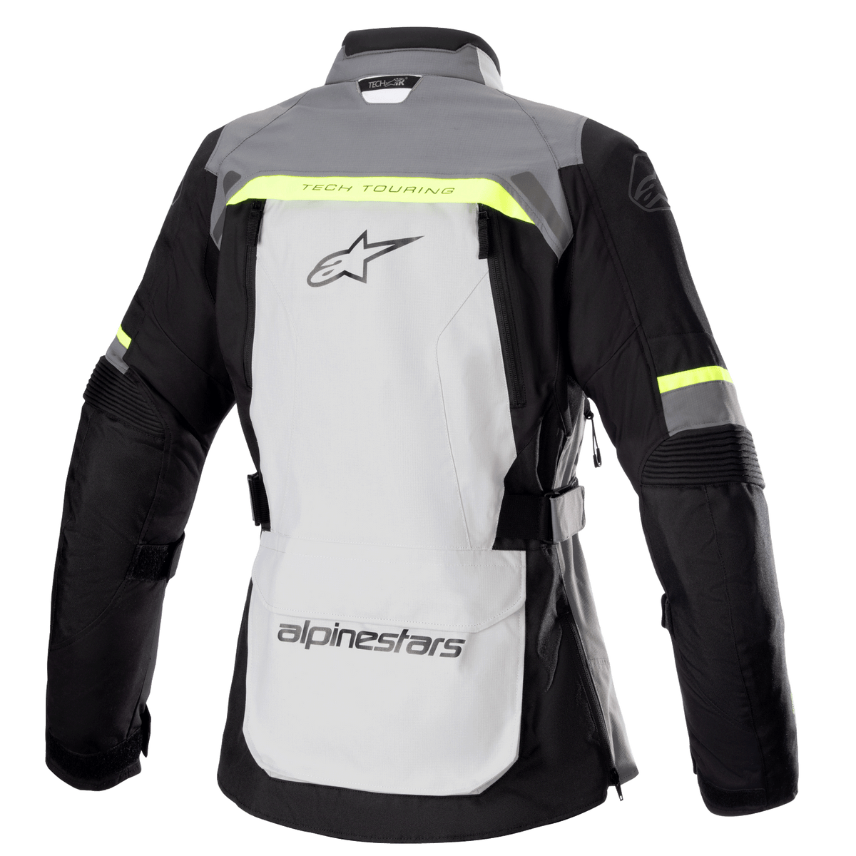 Giacca Alpinestars Stella Bogota' Pro Drystar® da donna, vista posteriore, grigio ghiaccio e grigio scuro con accenti giallo fluorescente, grande logo sulla schiena, scritta 'Tech Touring', cerniere di ventilazione verticali e pannelli a soffietto rinforzati sui gomiti