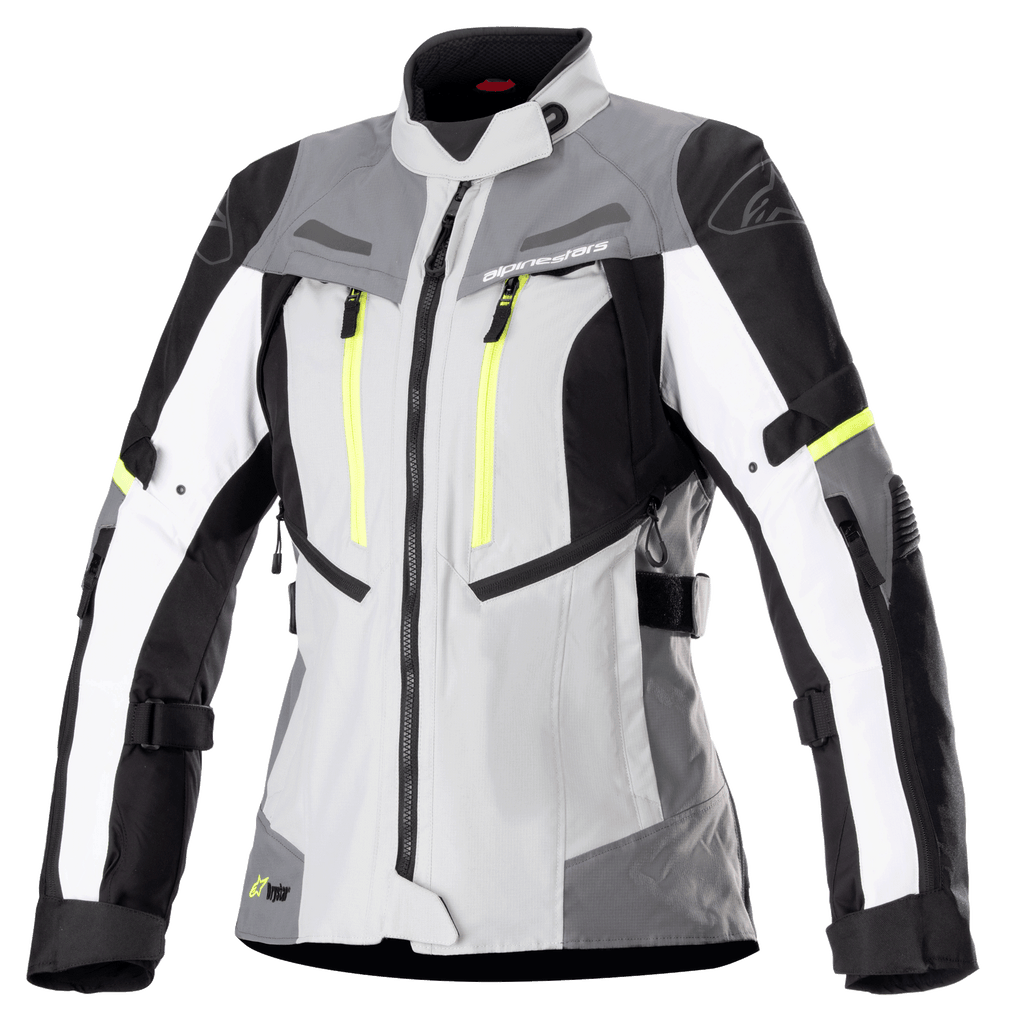 Alpinestars Stella Bogota Pro Drystar Jacket da donna, giacca da moto touring, grigio ghiaccio e grigio scuro con dettagli bianchi e giallo neon, costruzione in tessuto impermeabile con cinturini regolabili e cerniere di ventilazione, vista frontale su sfondo bianco