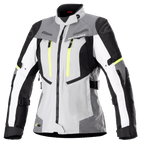 Alpinestars Stella Bogota Pro Drystar Jacket da donna, giacca da moto touring, grigio ghiaccio e grigio scuro con dettagli bianchi e giallo neon, costruzione in tessuto impermeabile con cinturini regolabili e cerniere di ventilazione, vista frontale su sfondo bianco