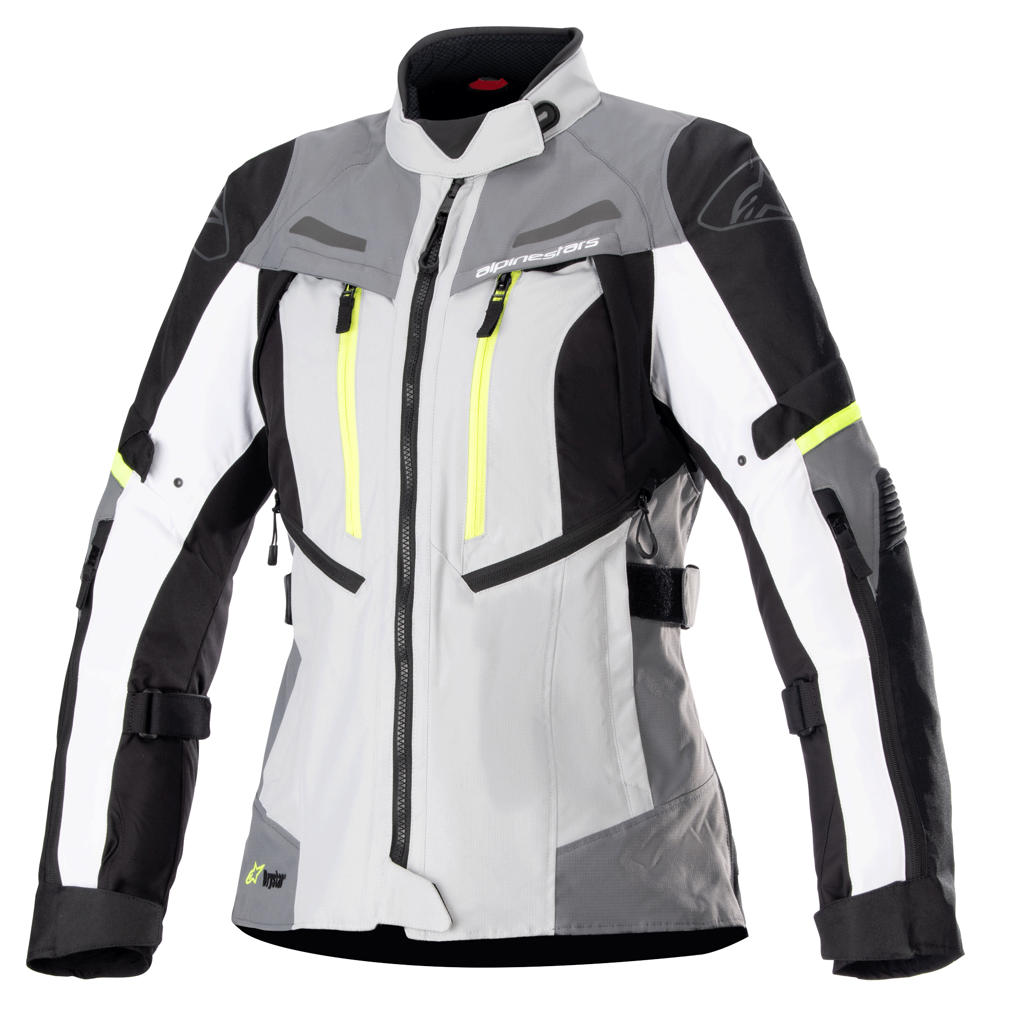 Alpinestars Stella Bogota Pro Drystar Jacket da donna, giacca da moto touring, grigio ghiaccio e grigio scuro con dettagli bianchi e giallo neon, costruzione in tessuto impermeabile con cinturini regolabili e cerniere di ventilazione, vista frontale su sfondo bianco