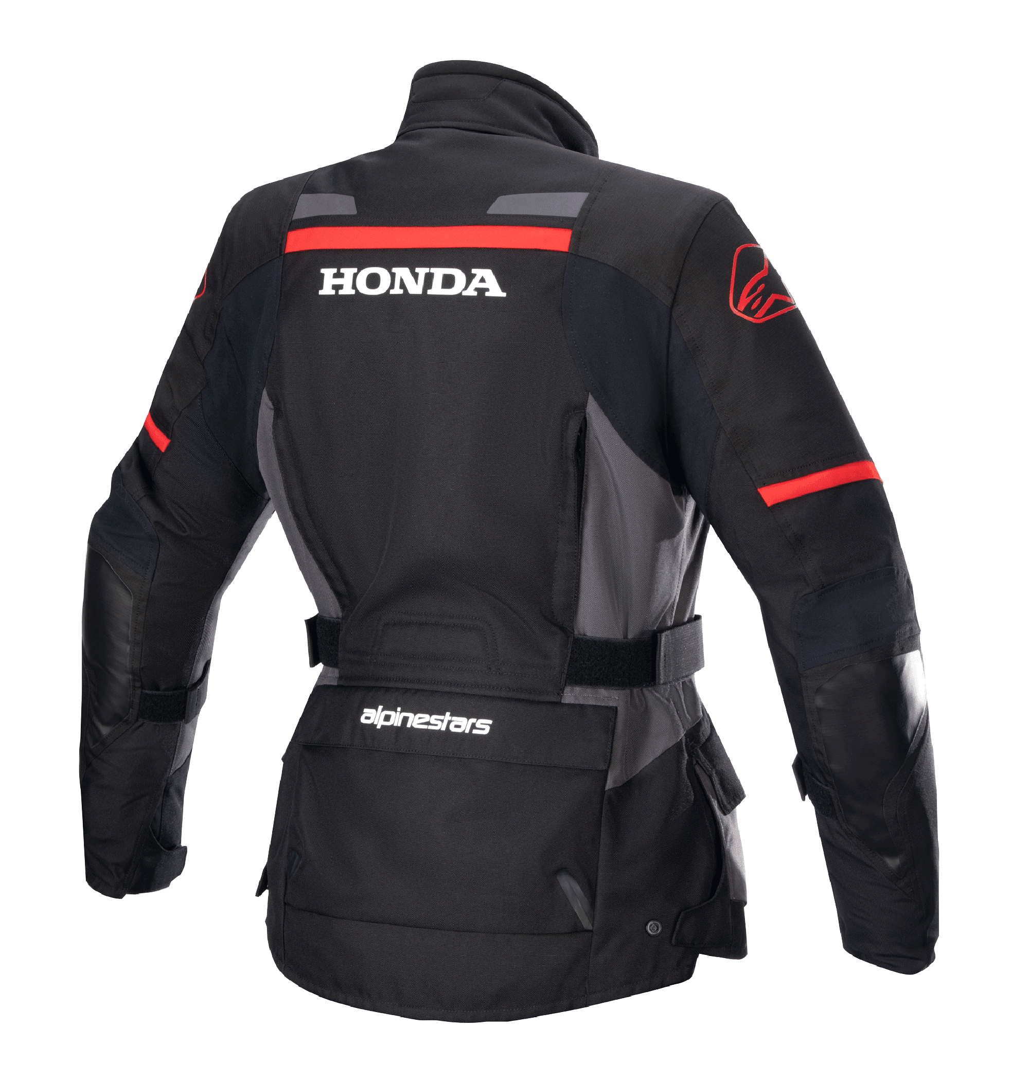 Alpinestars Giacca Stella Honda Andes V3 Drystar® da donna, giacca da moto adventure, nero, grigio catrame e rosso acceso, vista posteriore con logo HONDA bianco e grafiche Alpinestars rosse, costruzione in tessuto impermeabile con vita regolabile e tasche portaoggetti