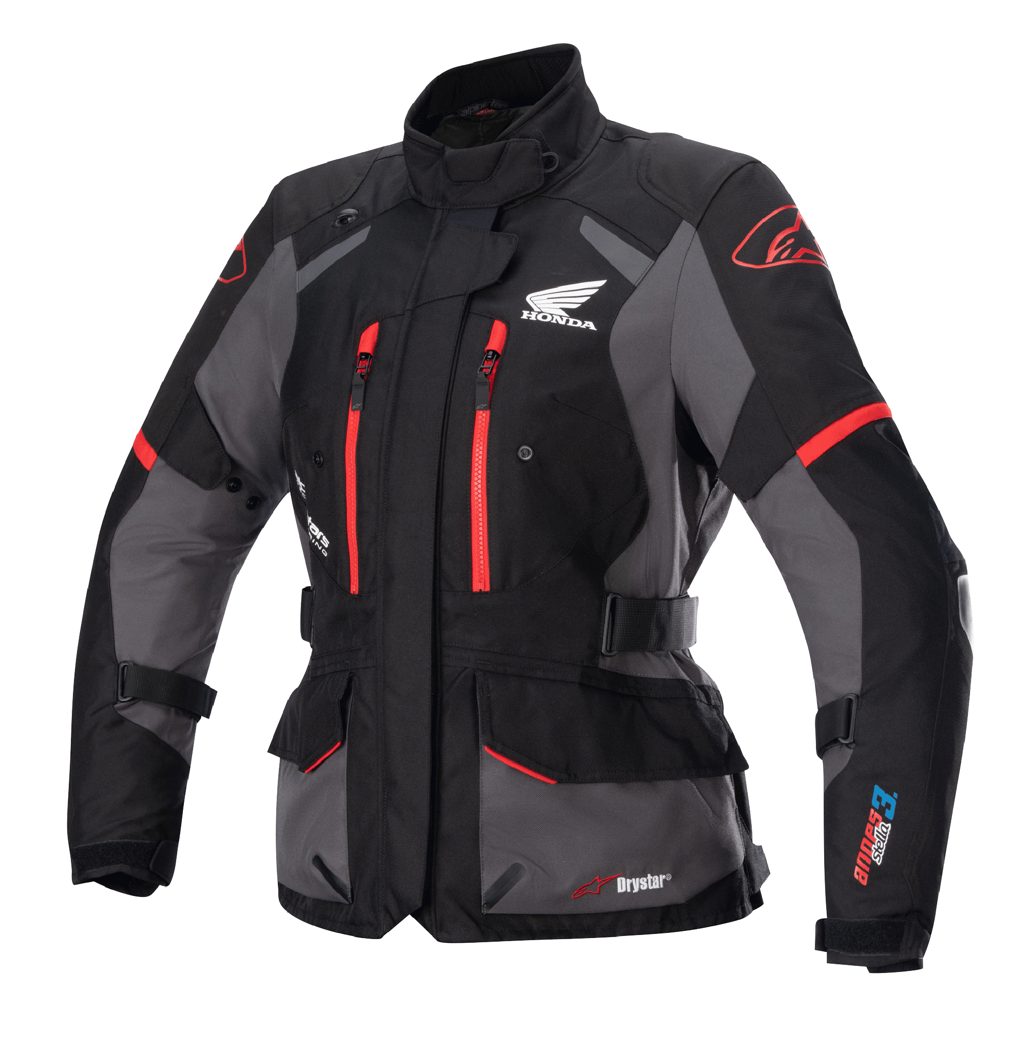 Giacca Alpinestars Stella Honda Andes V3 Drystar da donna, giacca da moto touring, nera e grigia con dettagli rosso acceso, logo Honda Wing sul petto, cerniere rosse, cinturini regolabili in vita e sulle braccia e costruzione impermeabile resistente