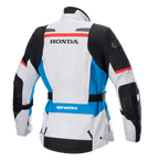 Giacca Alpinestars Stella Honda Andes V3 Drystar® da donna, vista posteriore, grigio ghiaccio con accenti blu e rosso brillante, marchio HONDA nero sul retro, logo Alpinestars sulla spalla e sulla parte bassa della schiena, cintura regolabile in vita, giacca da moto in tessuto per adventure touring