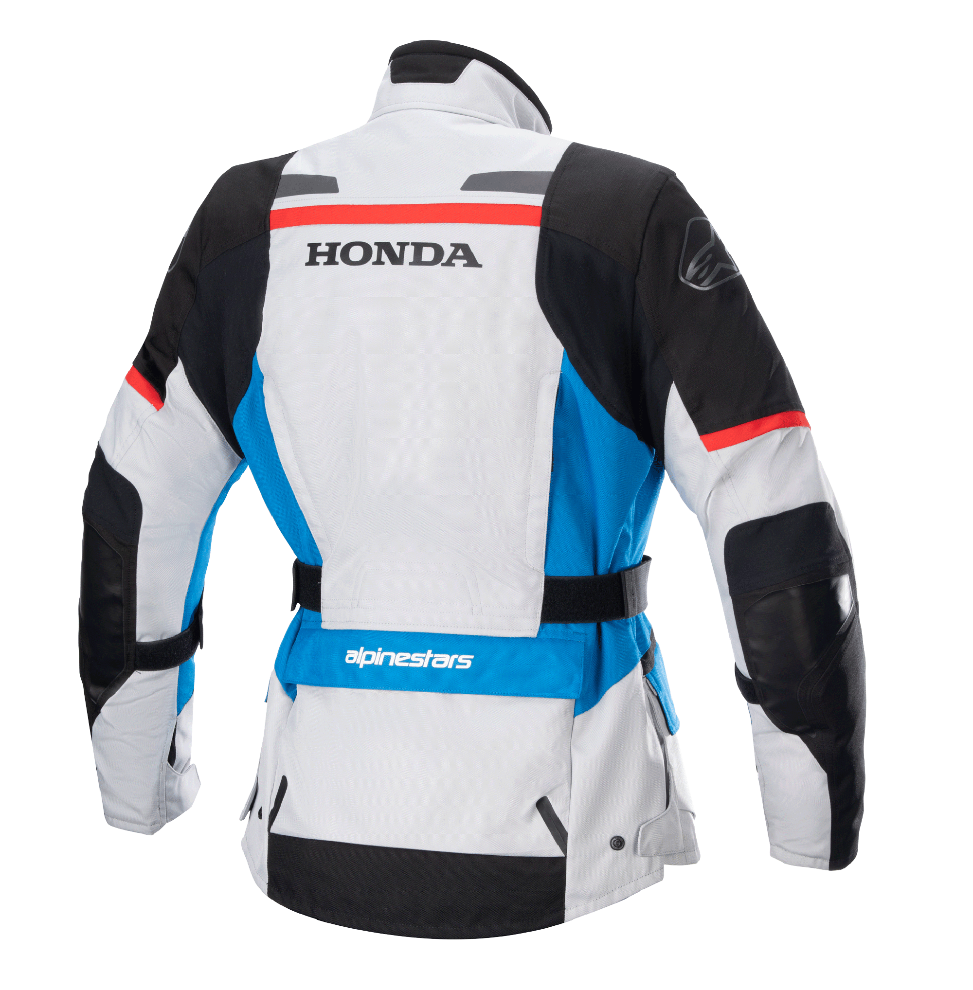 Giacca Alpinestars Stella Honda Andes V3 Drystar® da donna, vista posteriore, grigio ghiaccio con accenti blu e rosso brillante, marchio HONDA nero sul retro, logo Alpinestars sulla spalla e sulla parte bassa della schiena, cintura regolabile in vita, giacca da moto in tessuto per adventure touring