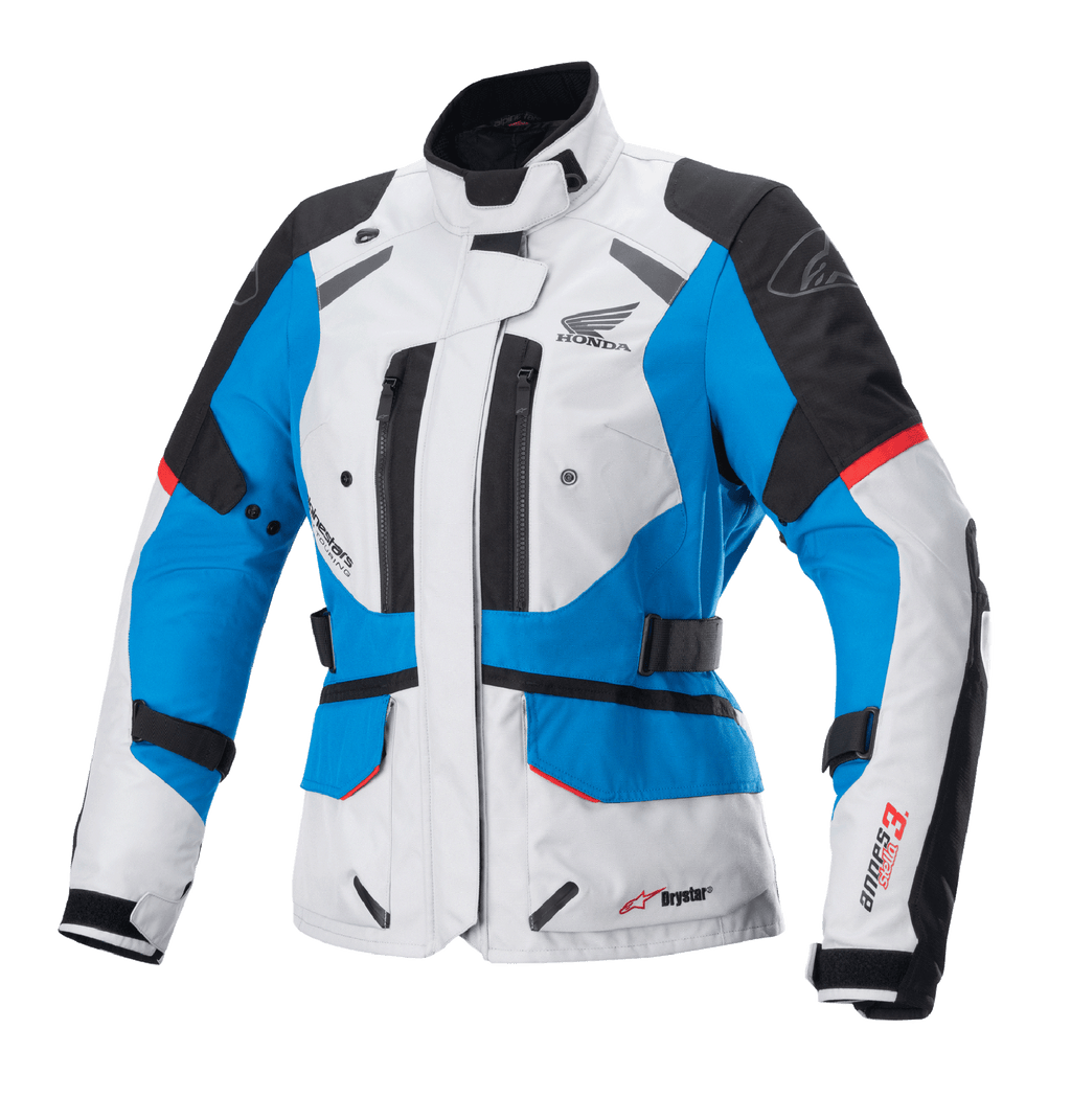 Giacca Alpinestars Stella Honda Andes V3 Drystar da donna, giacca da moto touring, grigio ghiaccio, blu e rosso acceso, costruzione in tessuto impermeabile con logo Honda wing, prese d'aria con cerniera e cinghie regolabili in vita
