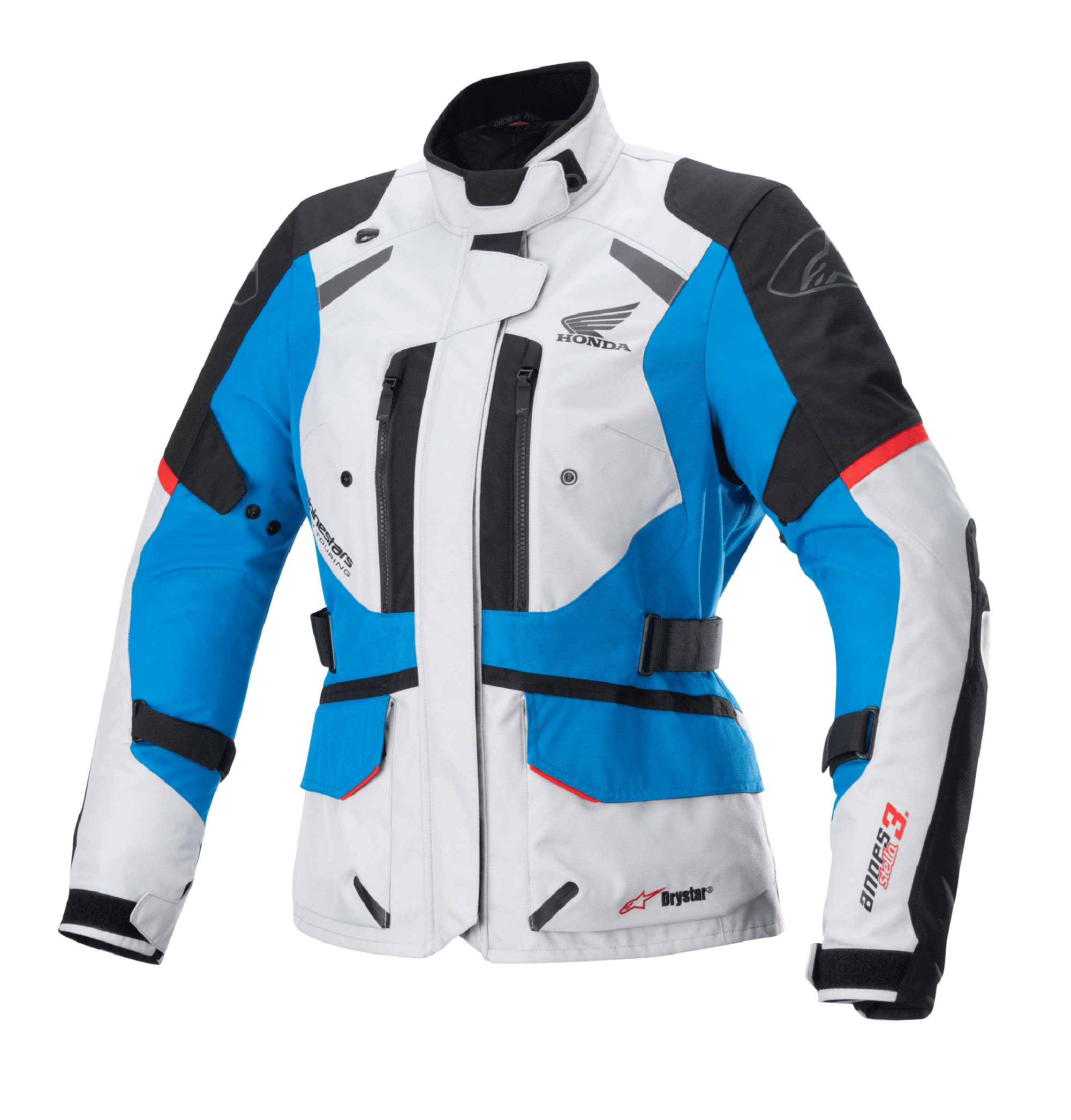 Giacca Alpinestars Stella Honda Andes V3 Drystar da donna, giacca da moto touring, grigio ghiaccio, blu e rosso acceso, costruzione in tessuto impermeabile con logo Honda wing, prese d'aria con cerniera e cinghie regolabili in vita