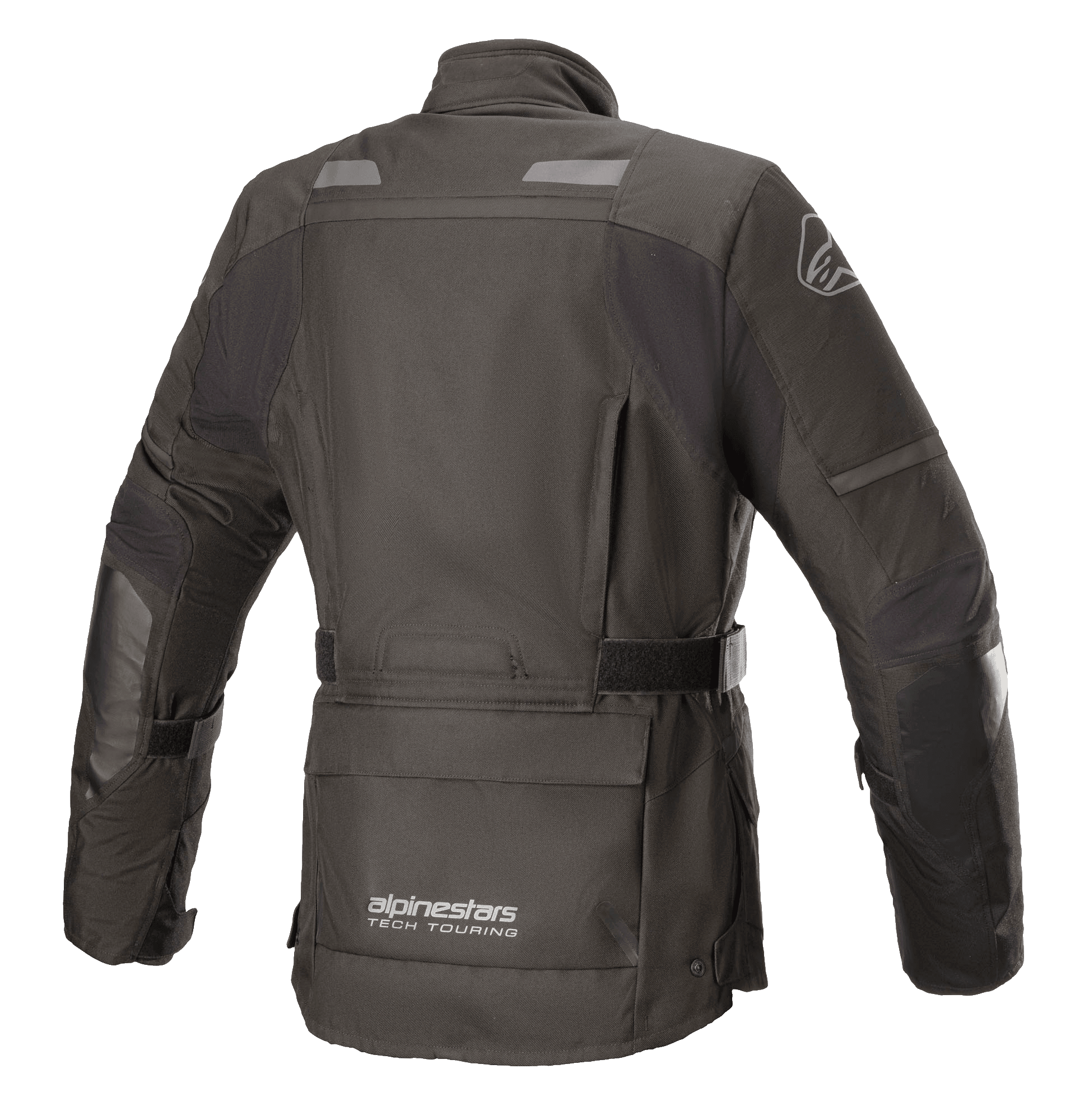 Giacca Alpinestars Stella Andes V3 Drystar® da donna, nero e grigio scuro, vista posteriore con costruzione in tessuto impermeabile, ampia tasca porta-attrezzi sul fondo schiena, cintura regolabile in vita e dettagli riflettenti di sicurezza.