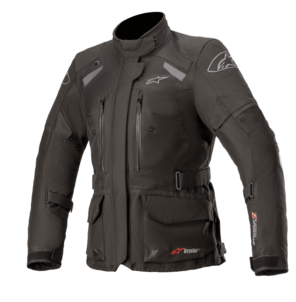Giacca Alpinestars Stella Andes V3 Drystar da donna, nero e grigio scuro, giacca da moto adventure touring, costruzione in tessuto impermeabile, dotata di tasche multiple cargo e sul petto, cintura regolabile in vita, colletto alto e dettagli riflettenti per protezione in ogni condizione atmosferica