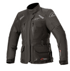 Giacca Alpinestars Stella Andes V3 Drystar da donna, nero e grigio scuro, giacca da moto adventure touring, costruzione in tessuto impermeabile, dotata di tasche multiple cargo e sul petto, cintura regolabile in vita, colletto alto e dettagli riflettenti per protezione in ogni condizione atmosferica