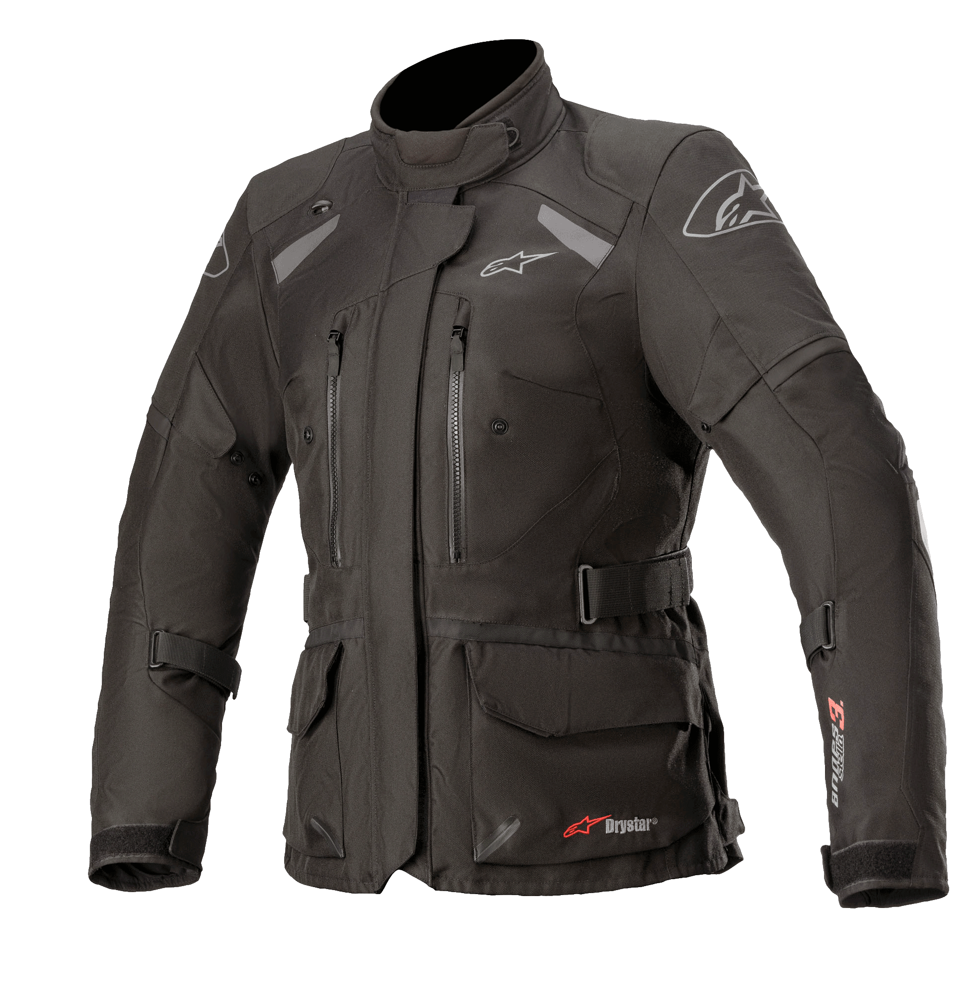 Giacca Alpinestars Stella Andes V3 Drystar da donna, nero e grigio scuro, giacca da moto adventure touring, costruzione in tessuto impermeabile, dotata di tasche multiple cargo e sul petto, cintura regolabile in vita, colletto alto e dettagli riflettenti per protezione in ogni condizione atmosferica