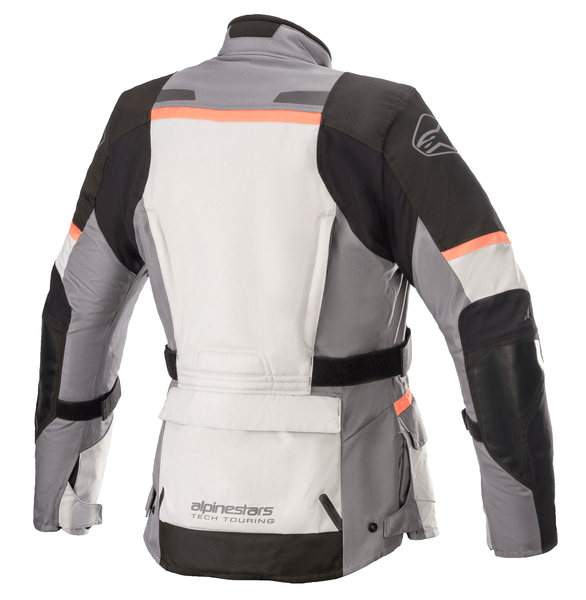 Giacca Alpinestars Stella Andes V3 Drystar® da donna, giacca da moto, grigio ghiaccio, grigio scuro, nero e corallo, vista posteriore con ampia tasca porta-attrezzi sul fondo schiena, cintura di regolazione in vita e accenti corallo su spalle e schiena