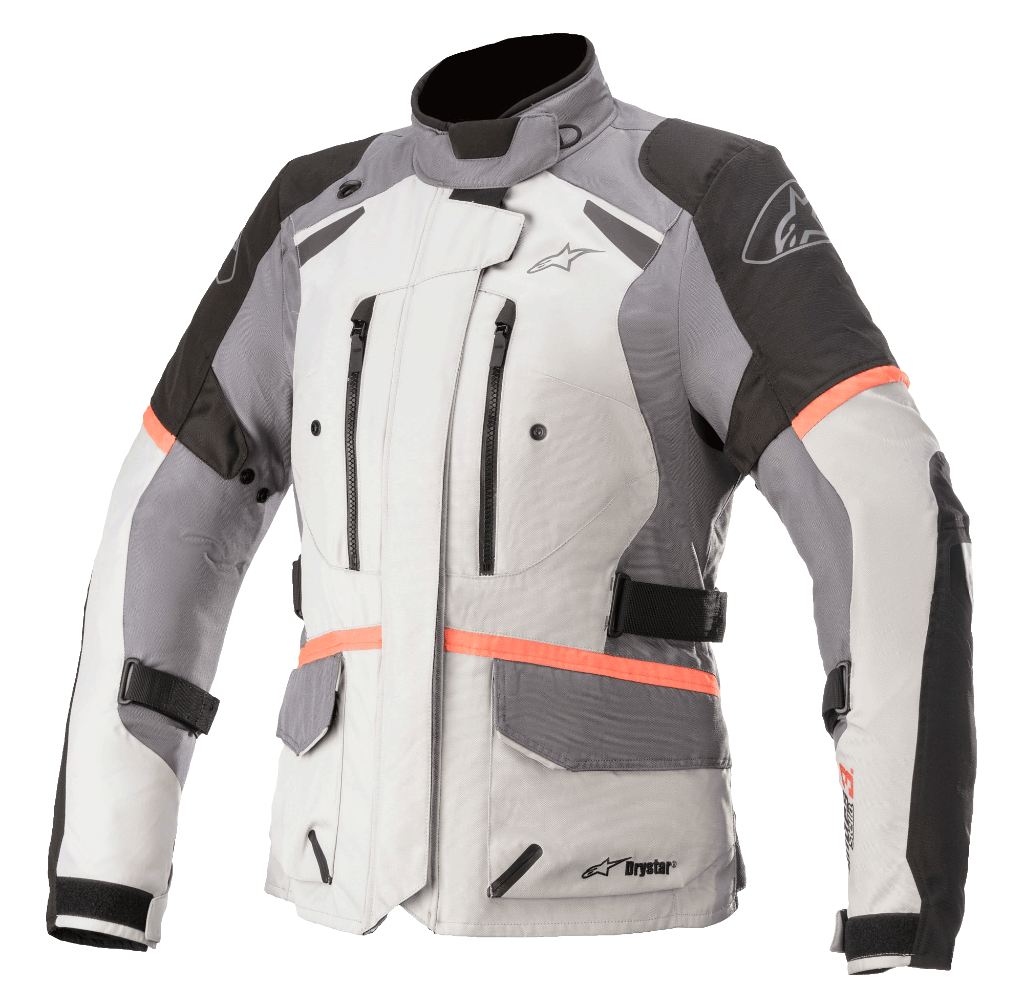 Giacca Alpinestars Stella Andes V3 Drystar da donna, giacca da moto touring, grigio ghiaccio con pannelli grigio scuro e neri, vivaci accenti corallo, con prese d'aria sul petto con zip, grandi tasche a patta e cinghie regolabili in vita, costruzione in tessuto tecnico per guida adventure in ogni condizione climatica