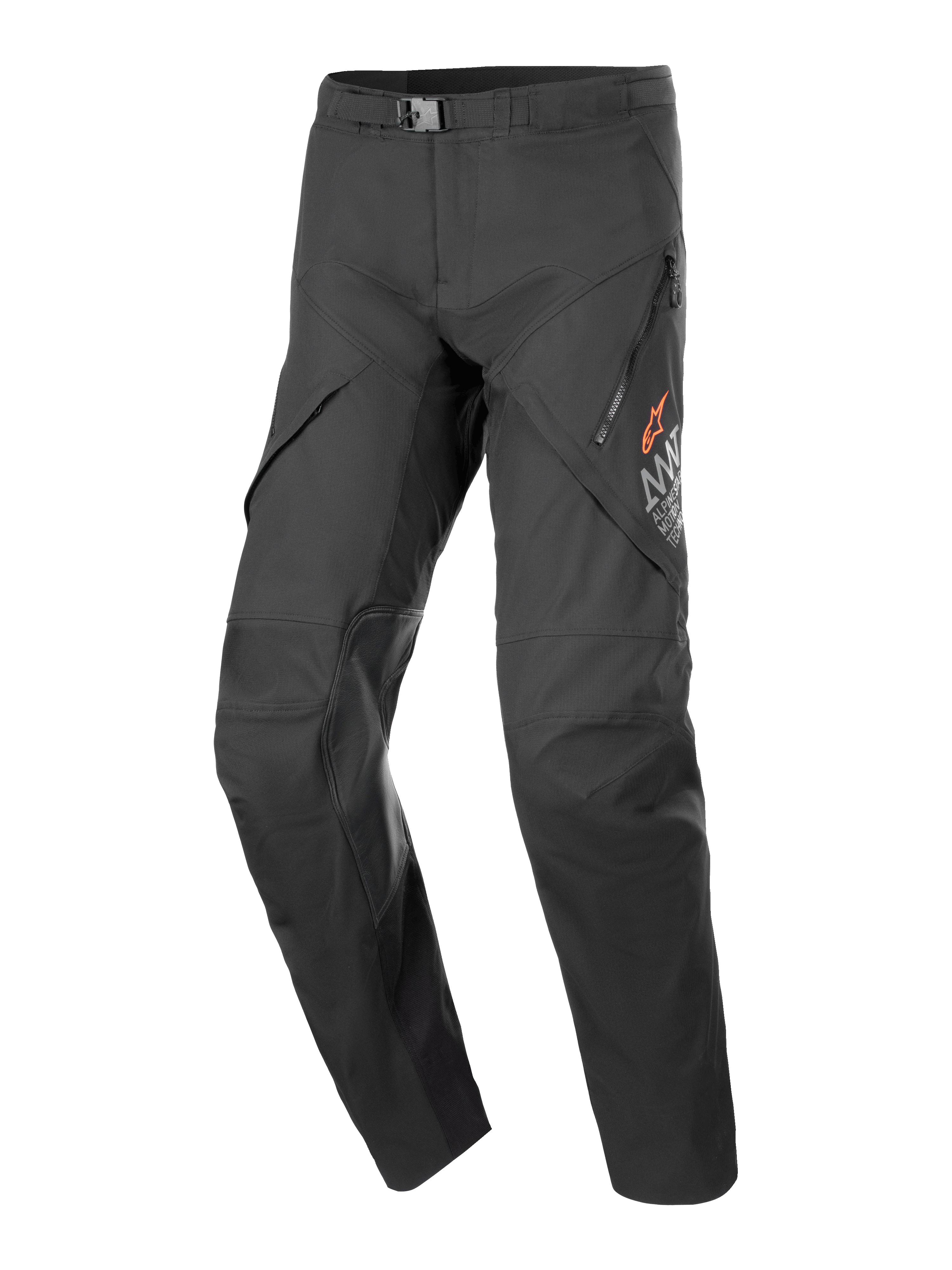 Alpinestars AMT-8 Stretch Drystar XF Pants, pantaloni da moto touring neri, con aperture di ventilazione sulle cosce con zip, logo a stella arancione, fibbia regolabile in vita e pannelli rinforzati sulle ginocchia, tessuto elasticizzato resistente