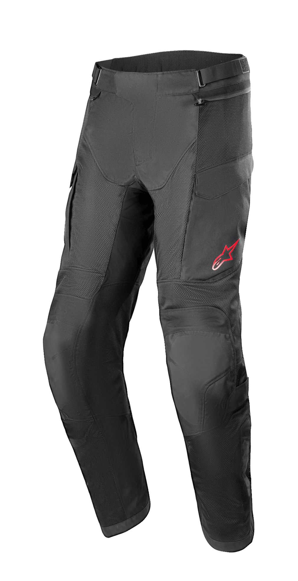 Alpinestars Andes Air Drystar Pant - Lunghezza Corta, pantaloni moto touring neri, pannelli di ventilazione in mesh, protezione rinforzata sulle ginocchia, tasche cargo, piccolo logo rosso sulla coscia sinistra, cinghie regolabili in vita