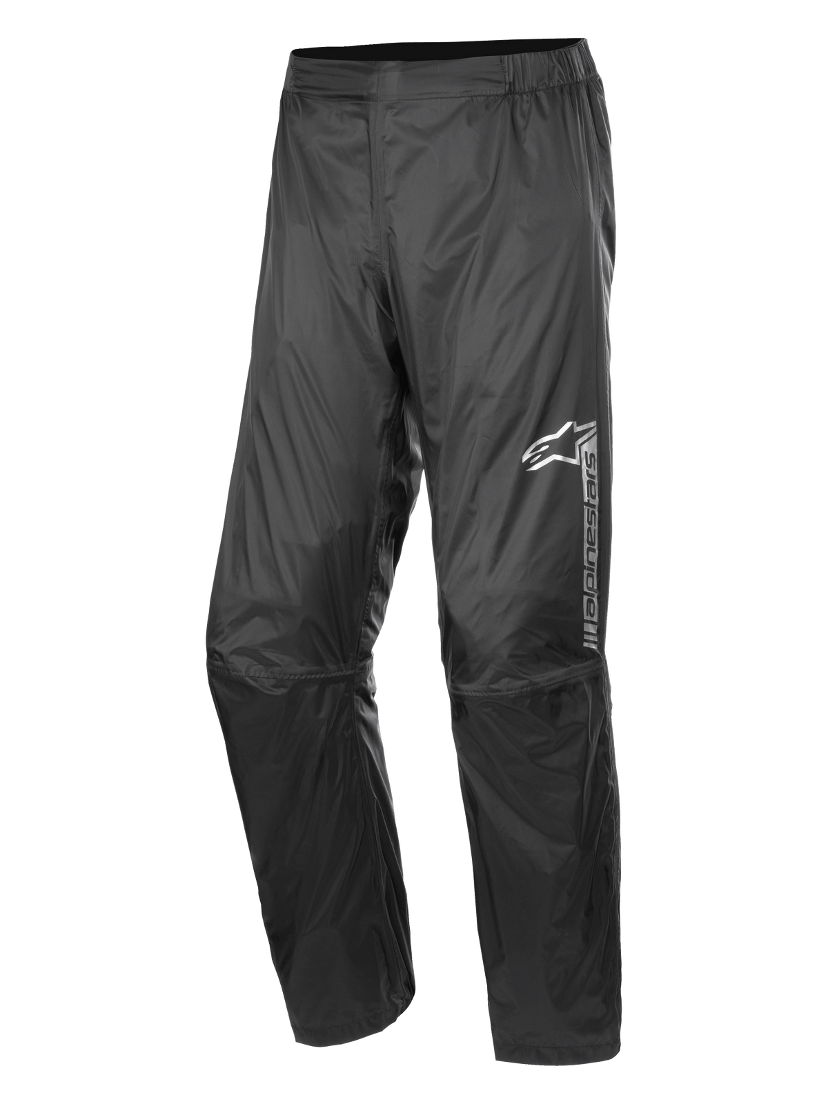Alpinestars Hurricane Rain V2 Pant, pantaloni antipioggia da moto impermeabili, neri, con marchio riflettente sulla coscia sinistra, vita elasticizzata, design ergonomico delle ginocchia e tessuto laminato lucido resistente al vento per touring su strada e adventure