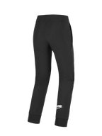 Pantaloni Aeroshell Alpinestars, pantaloni da moto, nero, vista posteriore con logo Astars bianco sulla parte inferiore della gamba, in tessuto softshell elasticizzato, ginocchia pre-curvate e polsini elastici