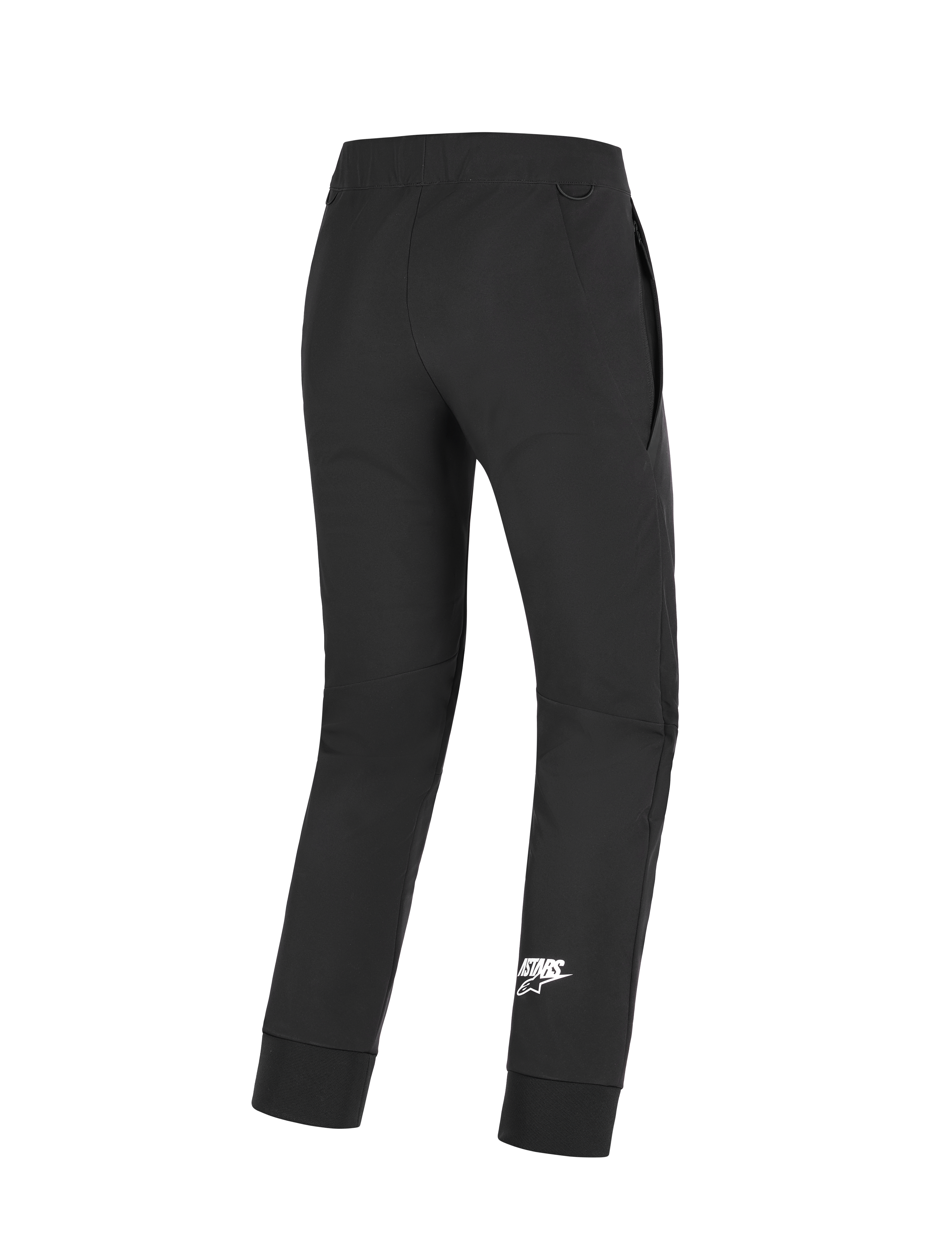Pantaloni Aeroshell Alpinestars, pantaloni da moto, nero, vista posteriore con logo Astars bianco sulla parte inferiore della gamba, in tessuto softshell elasticizzato, ginocchia pre-curvate e polsini elastici