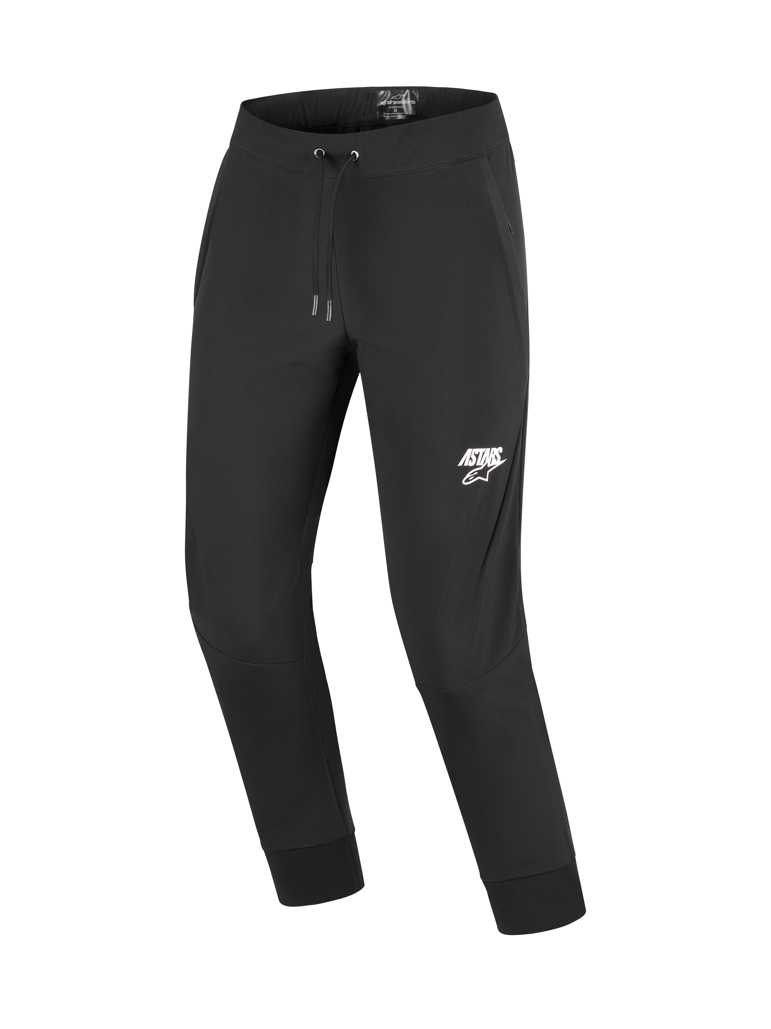 Alpinestars Aeroshell Pants, pantaloni da moto in softshell, nero con logo ASTARS bianco sulla coscia sinistra, caratterizzati da vita elastica con coulisse e polsini alle caviglie a coste, progettati per motociclisti urban e casual touring