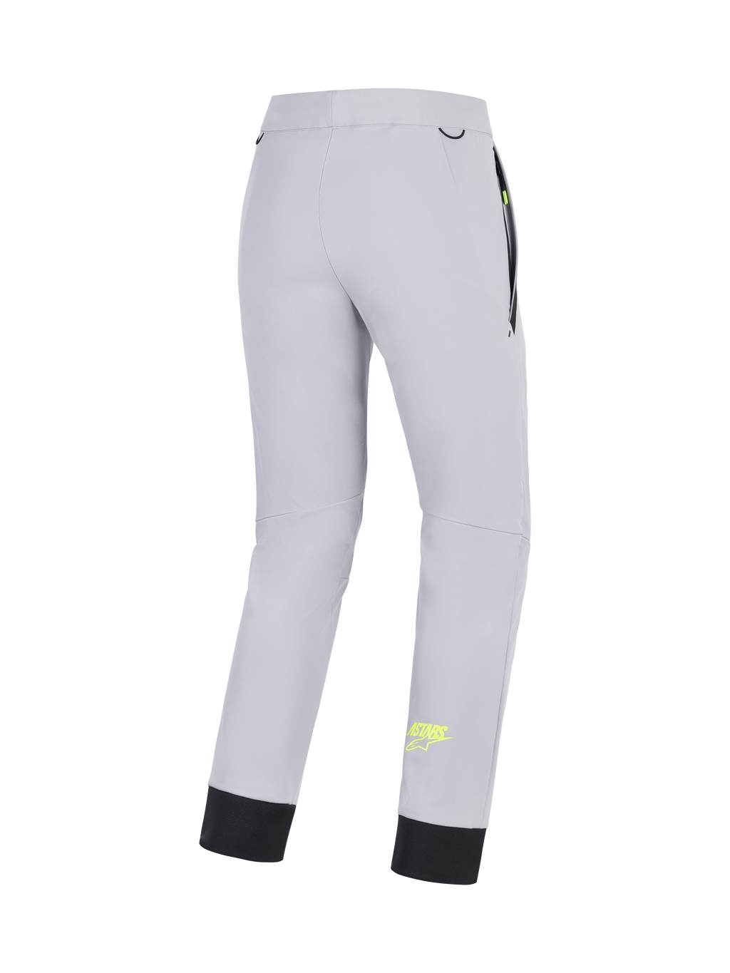 Alpinestars Pantaloni Aeroshell, pantaloni da moto crossover softshell da uomo, grigio medio con dettagli giallo fluo, vista posteriore con costruzione stretch, orlo inferiore elastico e tasche