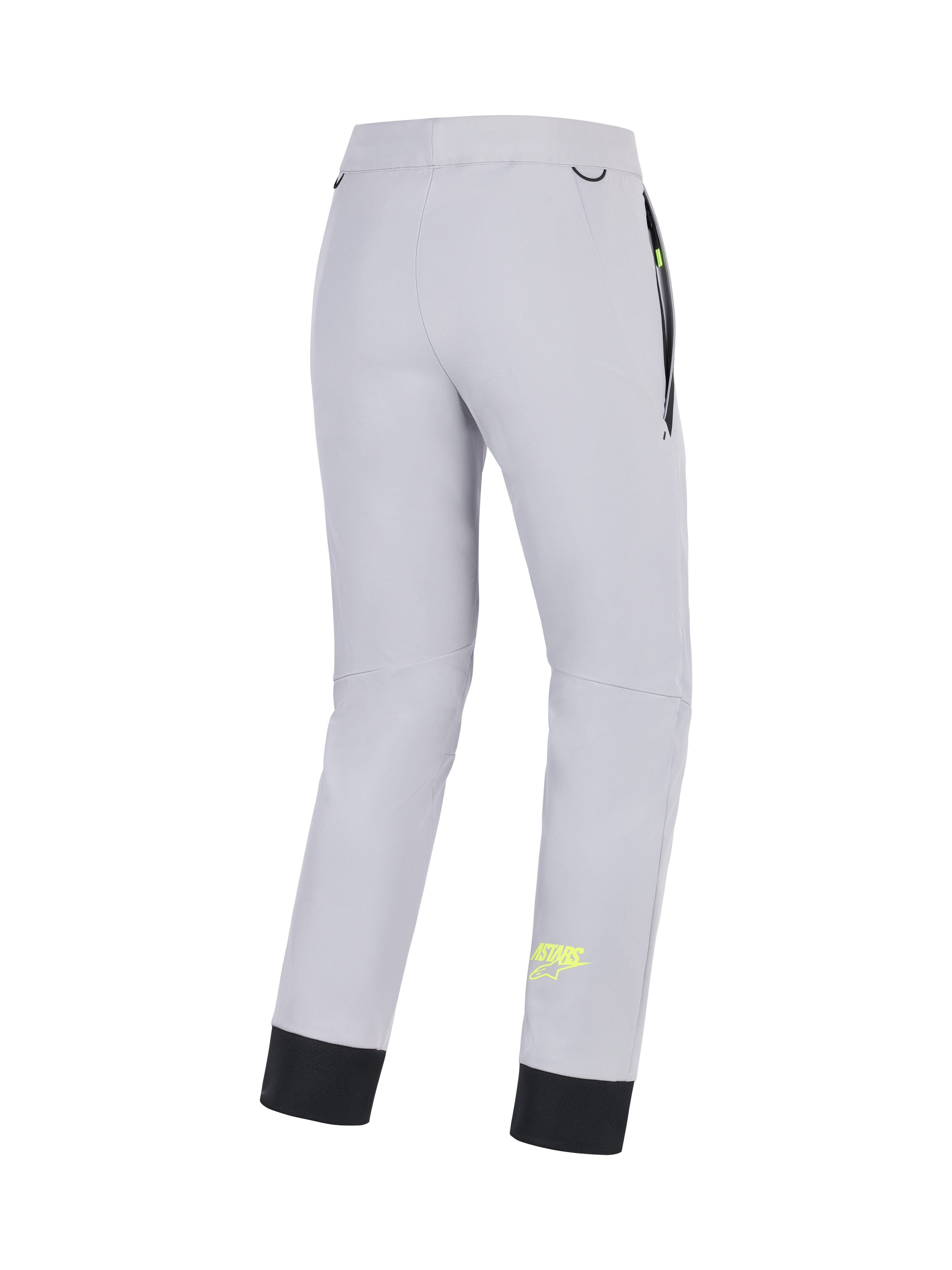 Alpinestars Pantaloni Aeroshell, pantaloni da moto crossover softshell da uomo, grigio medio con dettagli giallo fluo, vista posteriore con costruzione stretch, orlo inferiore elastico e tasche
