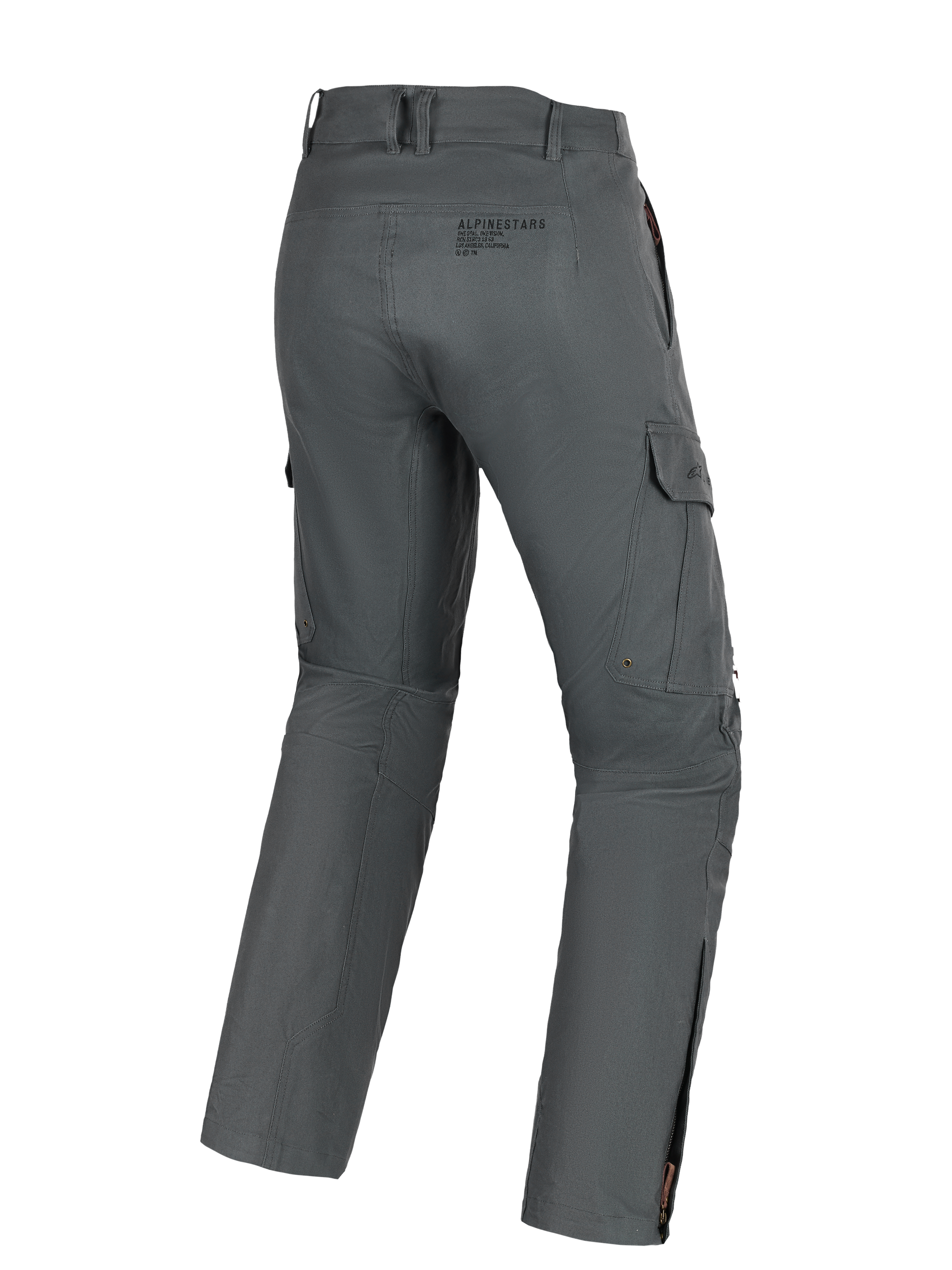 Pantaloni Alpinestars Borrego Drystar®, pantaloni da moto adventure, Grigio Antracite, vista posteriore con tasche cargo, logo posteriore e cerniere sui polpacci, materiale tessile resistente con effetto tela cerata