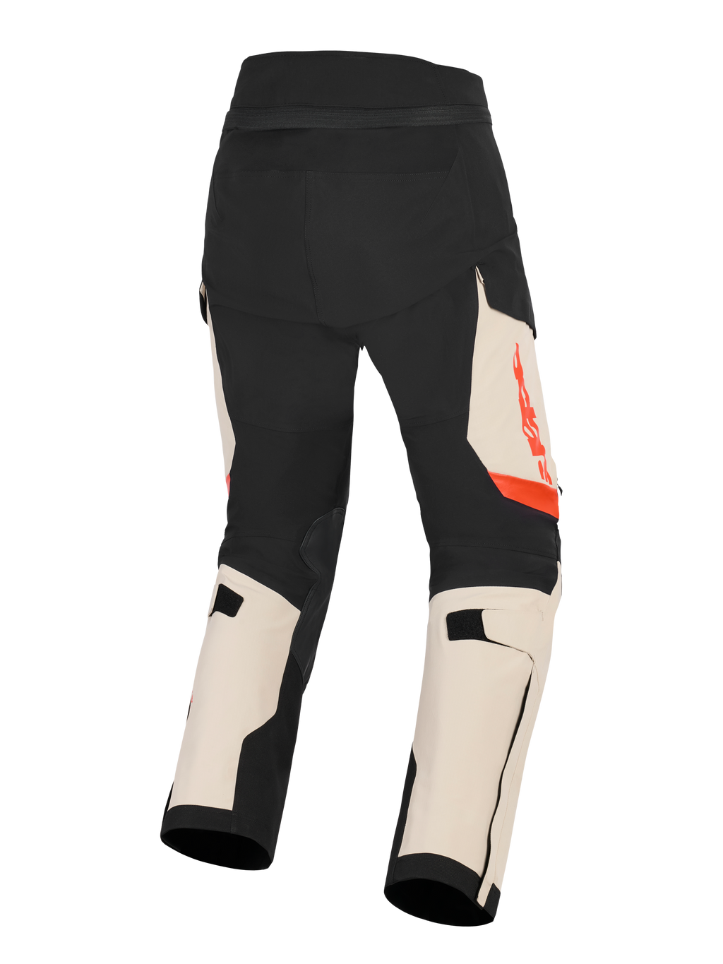 Alpinestars Pantaloni Halo Pro Drystar® XF Laminati, pantaloni da moto touring adventure da uomo, nero mastice e beige con dettagli rossi, vista posteriore della struttura in 3L stretch ripstop
