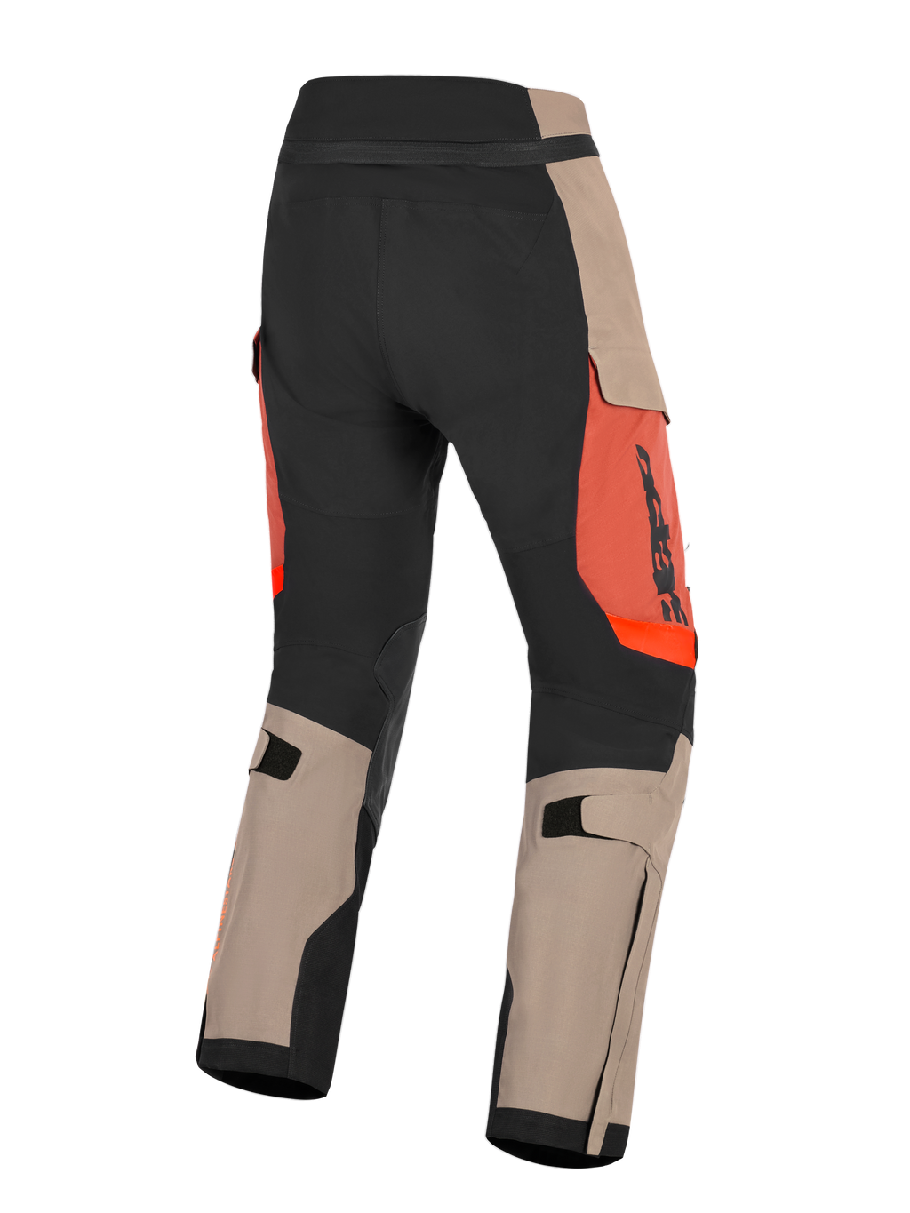 Alpinestars Halo Pro Drystar® XF Laminated Pants, Noce Ruggine e Nero, vista posteriore di pantaloni da moto adventure, con pannelli color noce e neri con accenti arancione ruggine, cinghie regolabili sui polpacci e costruzione resistente per la guida su ogni terreno.