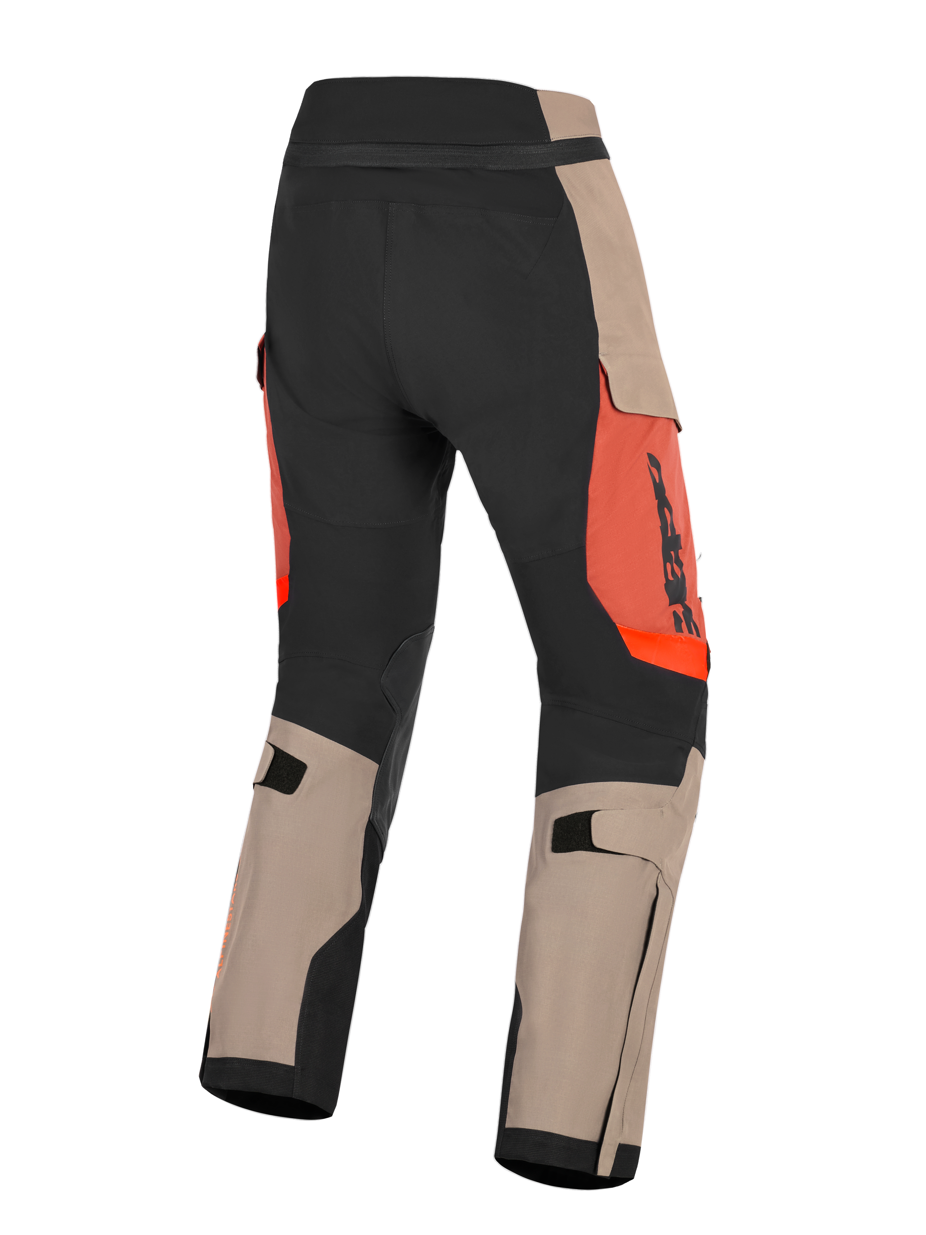Alpinestars Halo Pro Drystar® XF Laminated Pants, Noce Ruggine e Nero, vista posteriore di pantaloni da moto adventure, con pannelli color noce e neri con accenti arancione ruggine, cinghie regolabili sui polpacci e costruzione resistente per la guida su ogni terreno.
