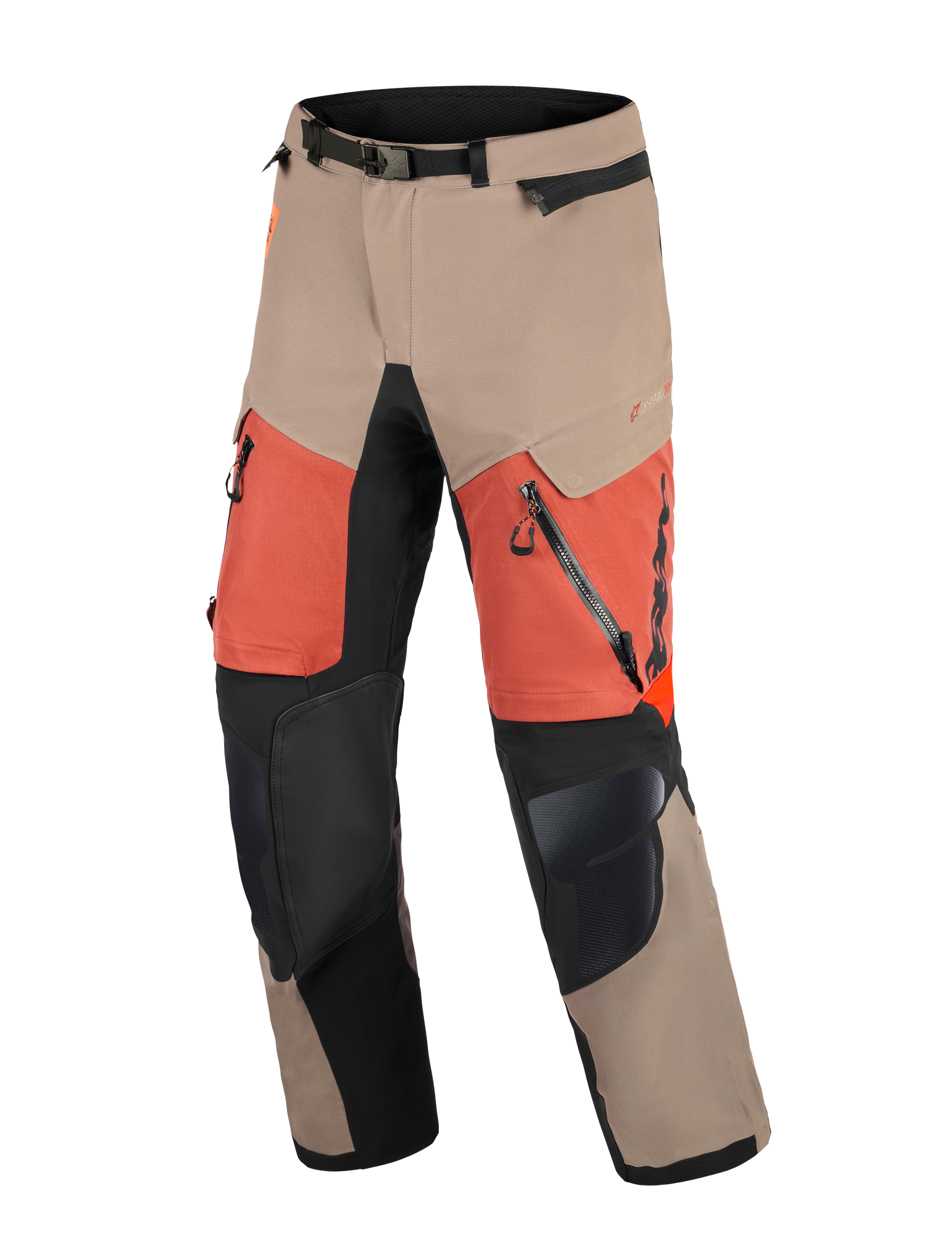 Alpinestars Halo Pro Drystar® XF Laminated Pants, pantaloni da moto adventure, Walnut Rust Black, con pannelli color sabbia e arancione, rinforzi neri sulle ginocchia, ampie prese d'aria con cerniera sulle cosce e vita regolabile con fibbia magnetica