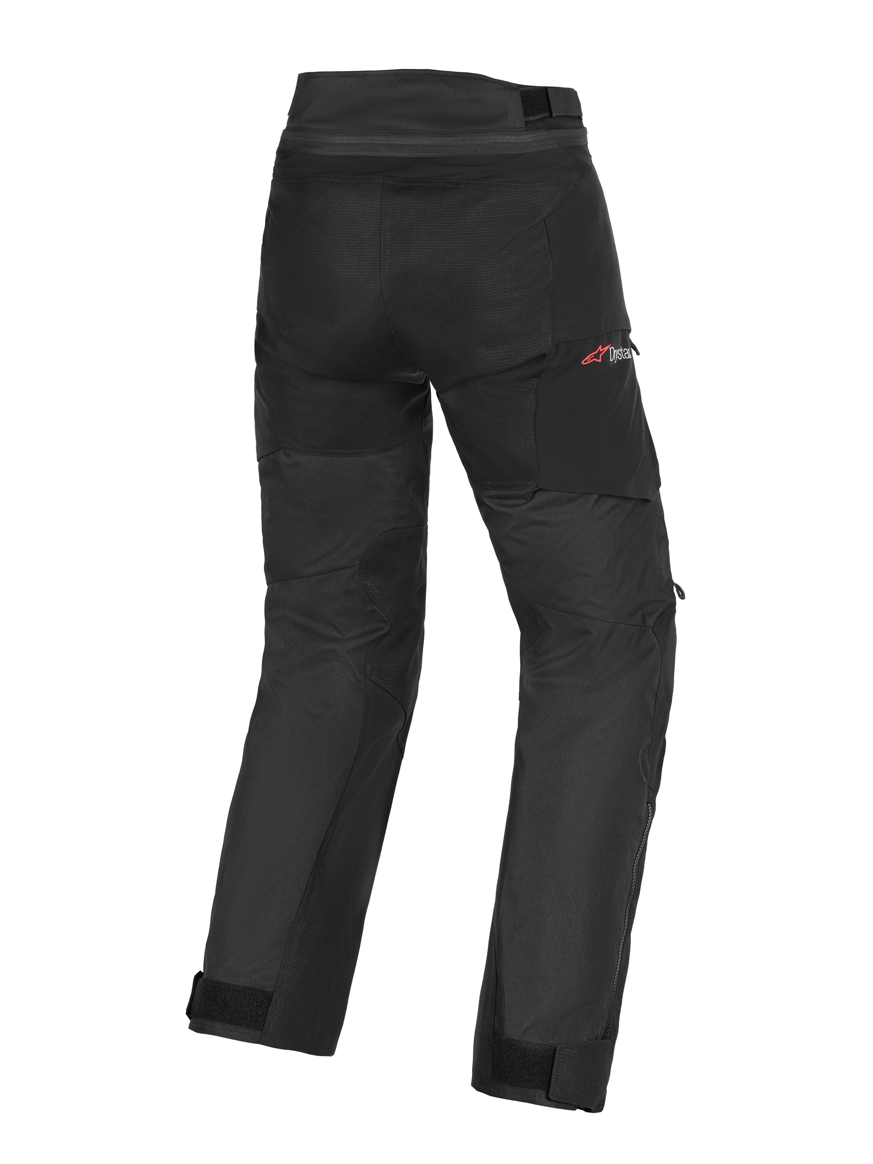Alpinestars Andes V4 Drystar® Pants, pantaloni da moto adventure, nero, vista posteriore che mostra la costruzione in tessuto con aree rinforzate su seduta e ginocchia, logo Drystar rosso sul fianco, cinturini regolabili in vita e alle caviglie, design impermeabile e resistente per la guida in ogni condizione climatica