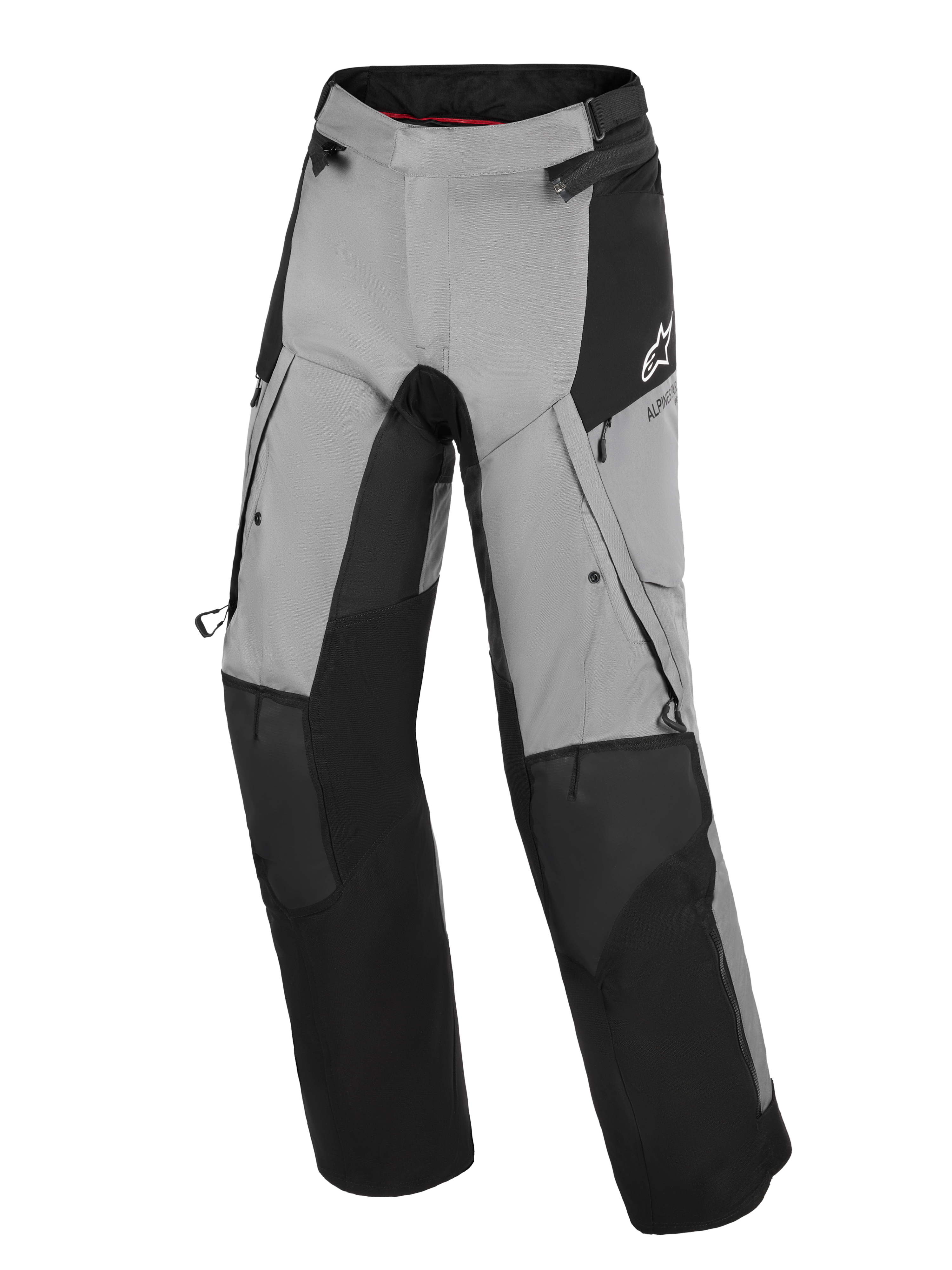 Alpinestars Andes V4 Drystar® Pants, pantaloni da moto adventure, nero e grigio scuro, con pannelli neri rinforzati su ginocchia e stinchi, prese d'aria con cerniera sulle cosce e tasche cargo, logo Alpinestars bianco sull'anca, progettati per la guida su strada e adventure in tutte le condizioni atmosferiche.