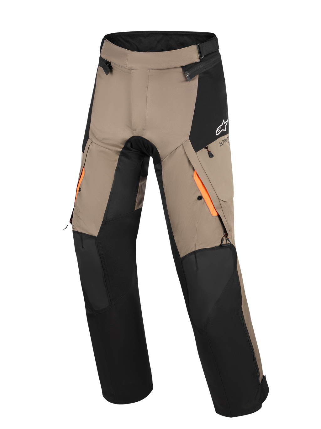 Alpinestars Andes V4 Drystar® Pants, pantaloni touring adventure, color noce e nero con accenti arancioni sulle aperture di ventilazione delle cosce, pannelli rinforzati sulle ginocchia e tasche cargo resistenti all'acqua