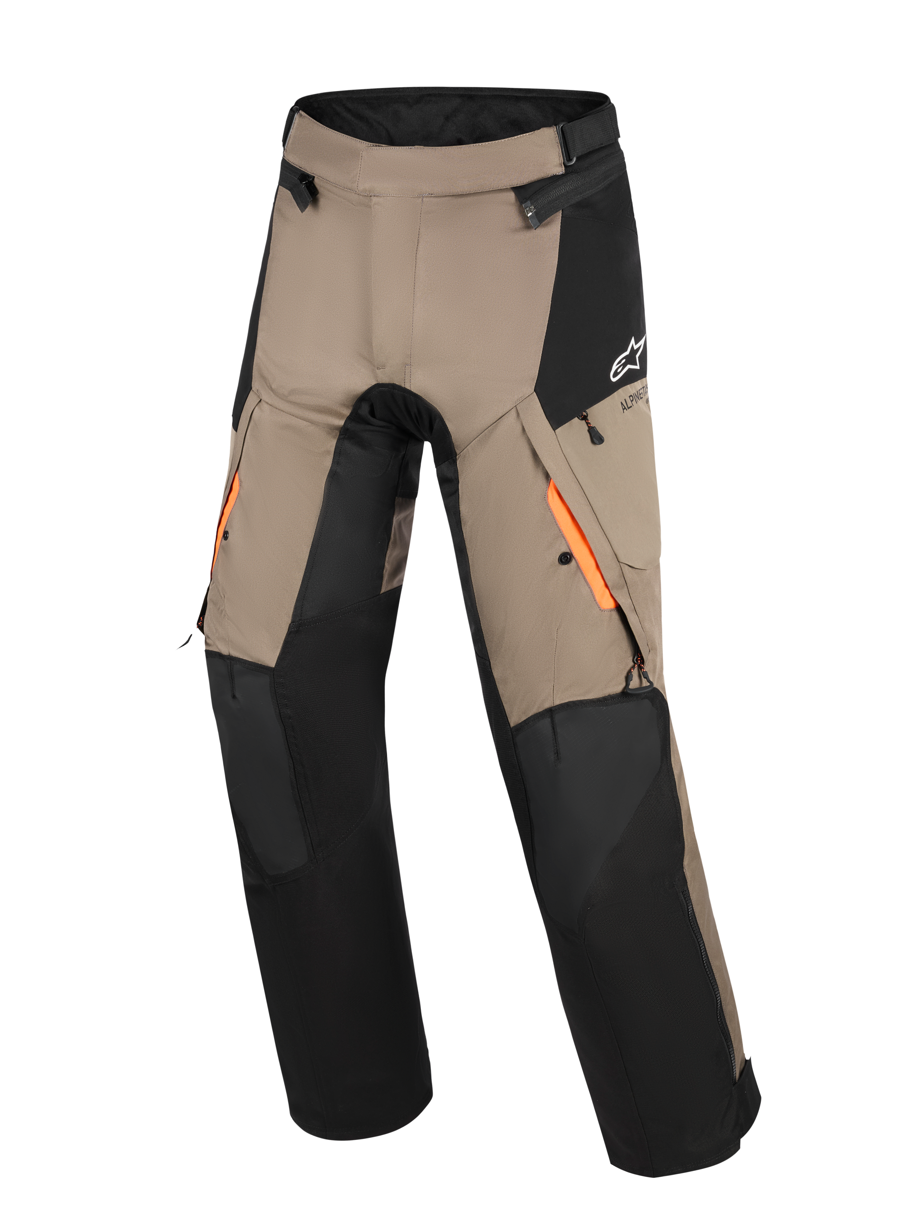 Alpinestars Andes V4 Drystar® Pants, pantaloni touring adventure, color noce e nero con accenti arancioni sulle aperture di ventilazione delle cosce, pannelli rinforzati sulle ginocchia e tasche cargo resistenti all'acqua