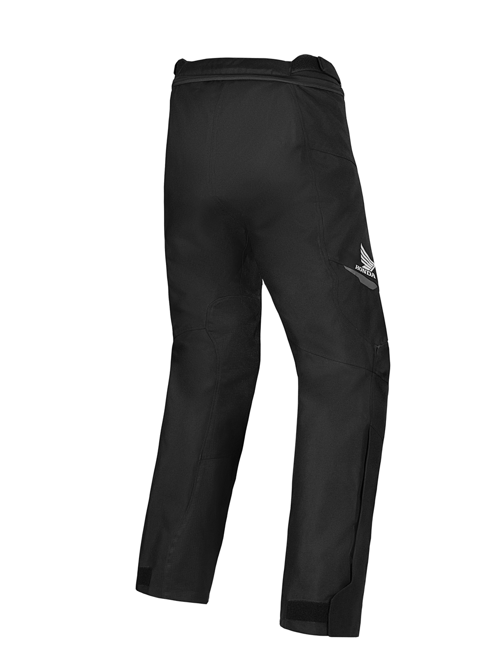 Alpinestars Honda ST-1 Waterproof Pants, pantaloni da touring per moto, neri, vista posteriore con logo Honda ad ala sulla coscia, design tessile snello con mobilità ergonomica e cerniera di connessione in vita.