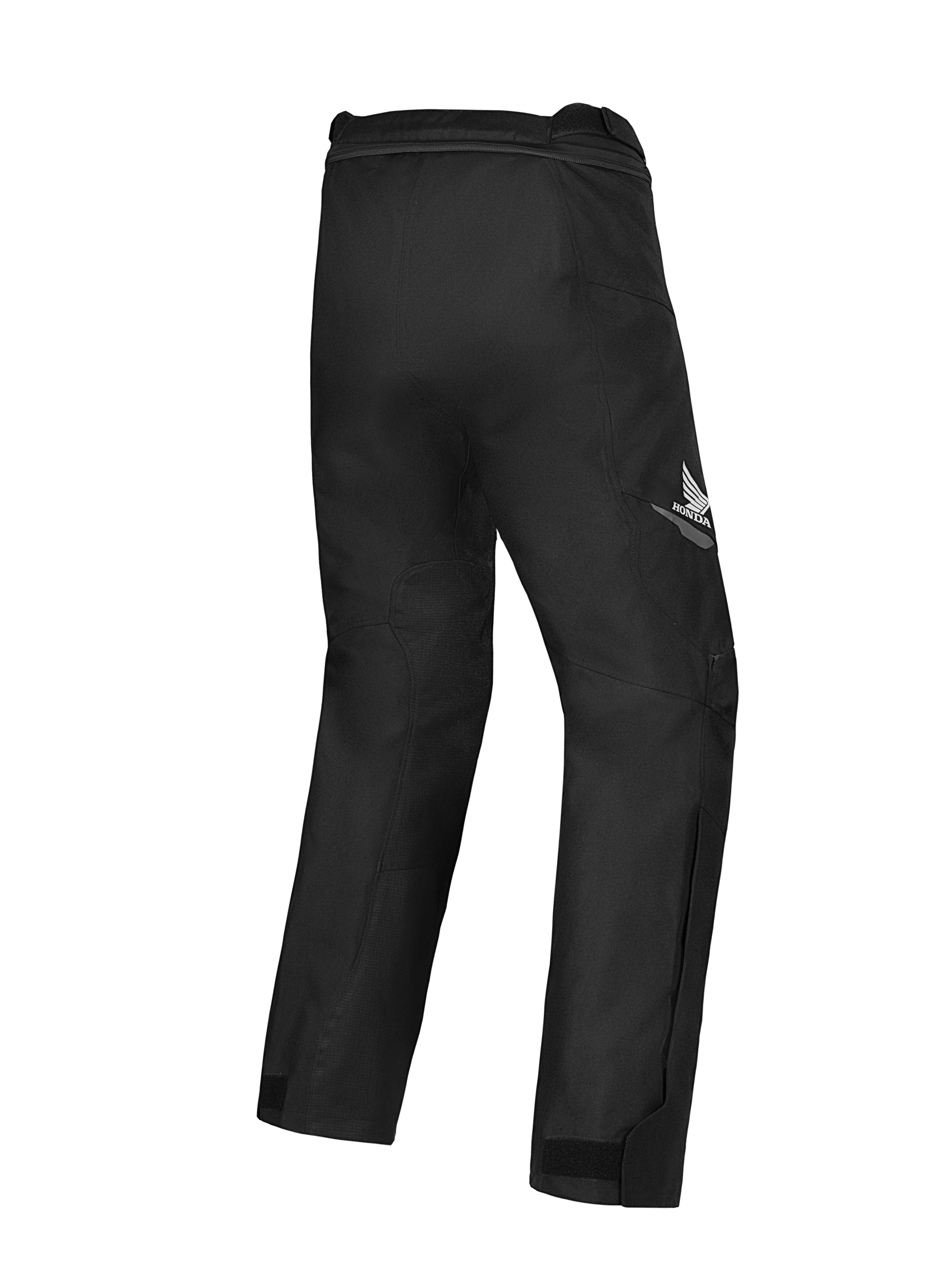 Alpinestars Honda ST-1 Waterproof Pants, pantaloni da touring per moto, neri, vista posteriore con logo Honda ad ala sulla coscia, design tessile snello con mobilità ergonomica e cerniera di connessione in vita.