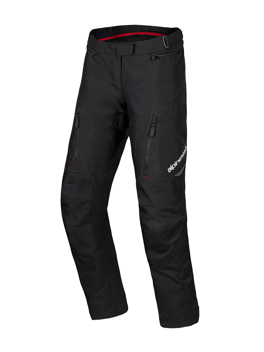Alpinestars Honda ST-1 Waterproof Pants, pantaloni moto touring, nero con dettagli interni rossi, tasche cargo con cerniera sulle cosce, gambe ergonomiche pre-curvate con ginocchia rinforzate, abbigliamento adventure impermeabile in tessuto