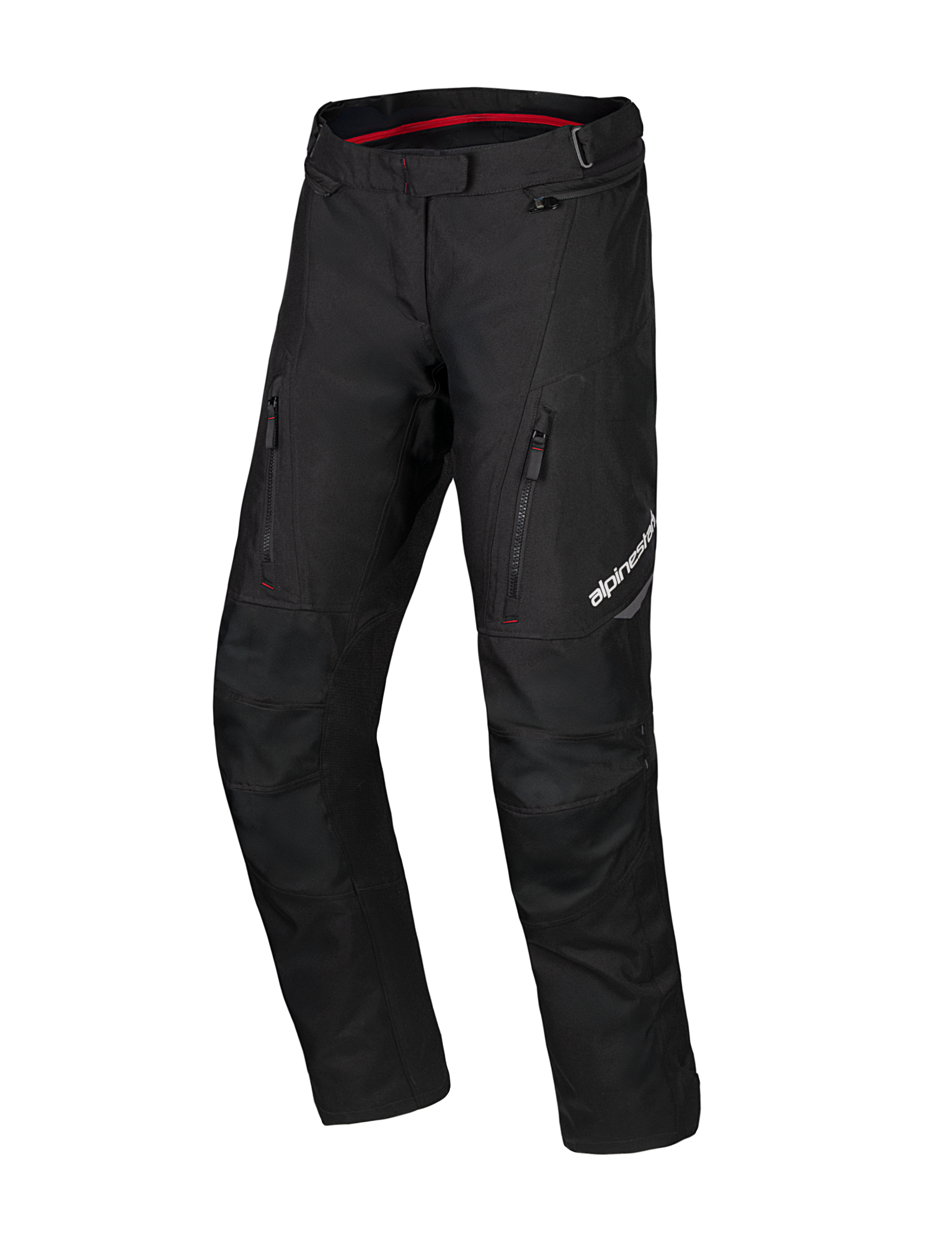 Alpinestars Honda ST-1 Waterproof Pants, pantaloni moto touring, nero con dettagli interni rossi, tasche cargo con cerniera sulle cosce, gambe ergonomiche pre-curvate con ginocchia rinforzate, abbigliamento adventure impermeabile in tessuto