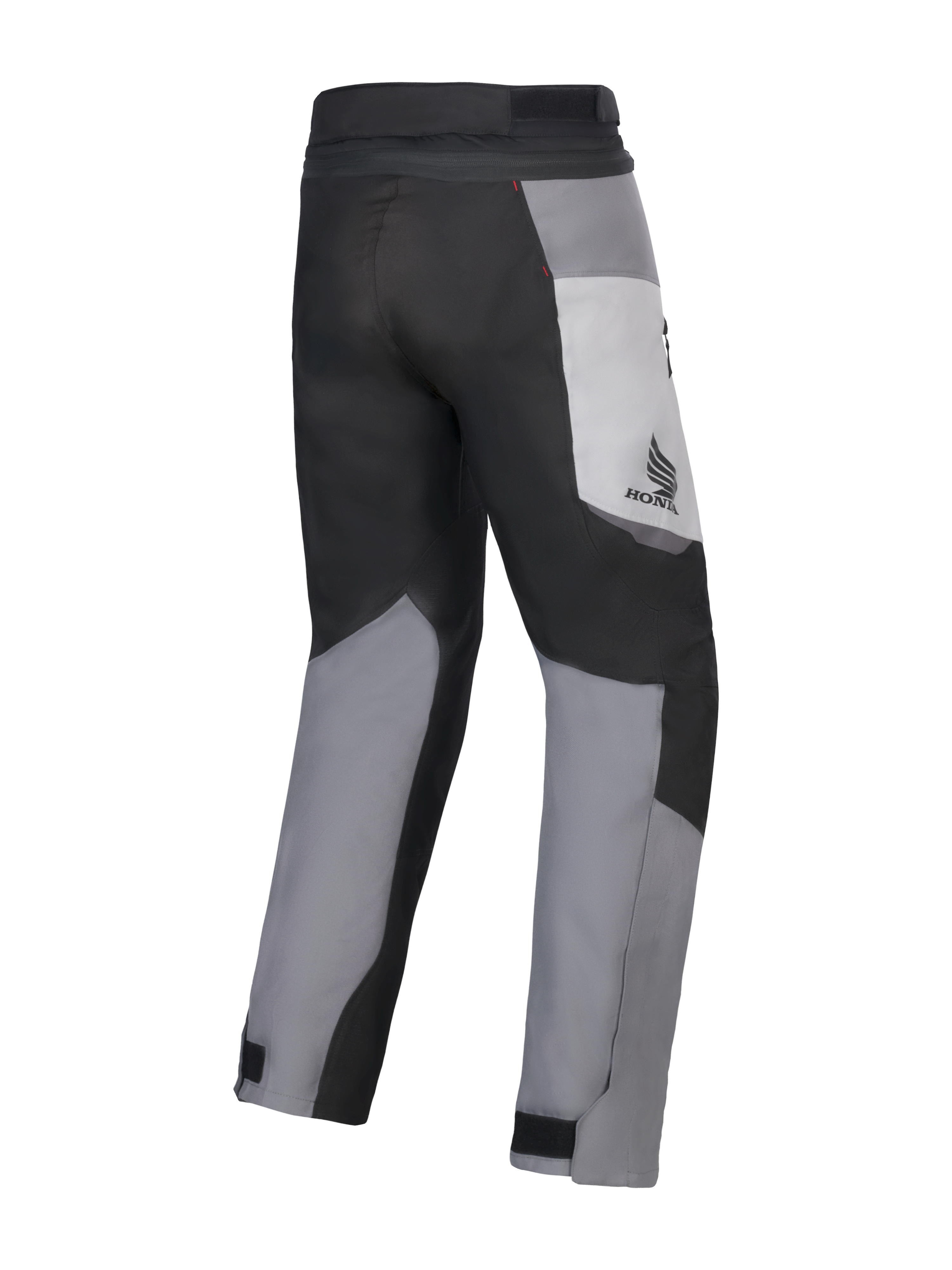 Alpinestars Honda St-1 Waterproof Pants, pantaloni da touring per moto, grigio ghiaccio, grigio scuro e nero, vista posteriore con design tessile multi-pannello, logo Honda sulla coscia e chiusure regolabili alle caviglie per la guida in ogni condizione climatica.