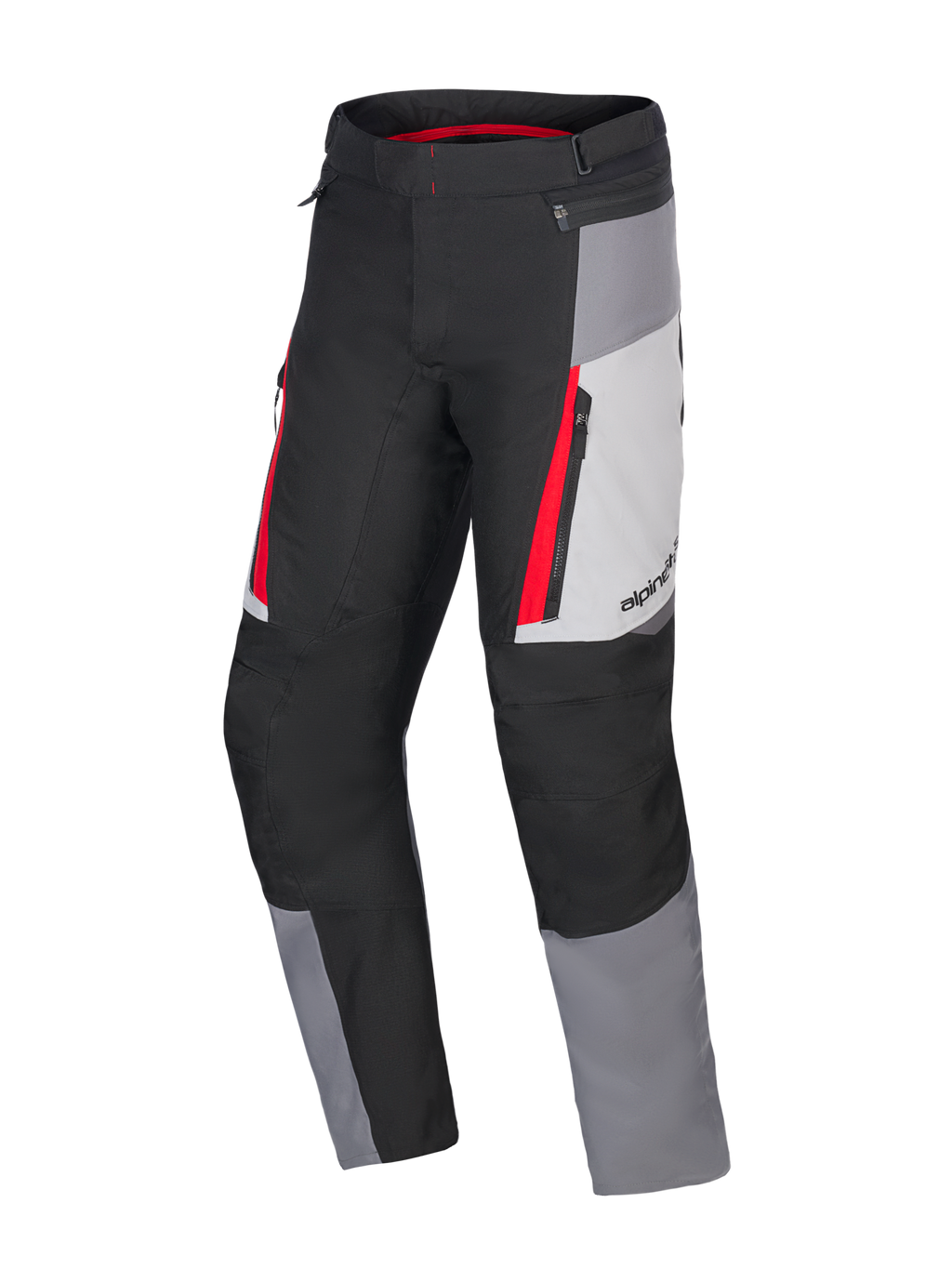 Alpinestars Honda ST-1 Waterproof Pants, pantaloni da touring moto, grigio ghiaccio, grigio scuro e nero con accenti rossi, costruzione in tessuto tecnico con fodera impermeabile, tasche cargo con zip e gambe pre-curvate ergonomiche