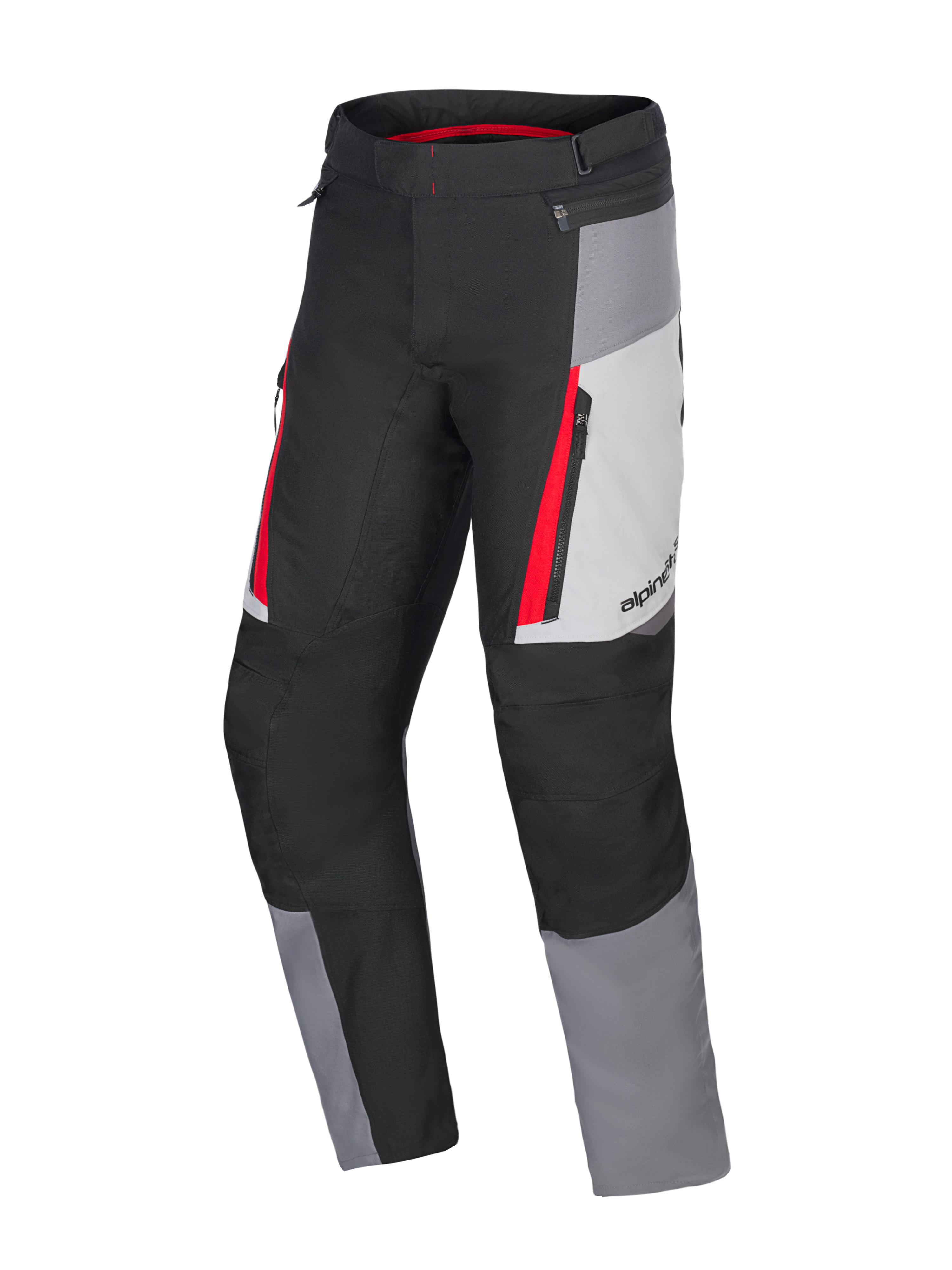 Alpinestars Honda ST-1 Waterproof Pants, pantaloni da touring moto, grigio ghiaccio, grigio scuro e nero con accenti rossi, costruzione in tessuto tecnico con fodera impermeabile, tasche cargo con zip e gambe pre-curvate ergonomiche