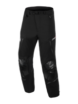 Alpinestars Andes Pro Drystar® XF Pants, nero e grigio scuro, pantaloni da moto in tessuto tecnico per guida adventure, con sezioni rinforzate sulle ginocchia, tasche con cerniera impermeabili e cinghia regolabile in vita, vista frontale a tre quarti