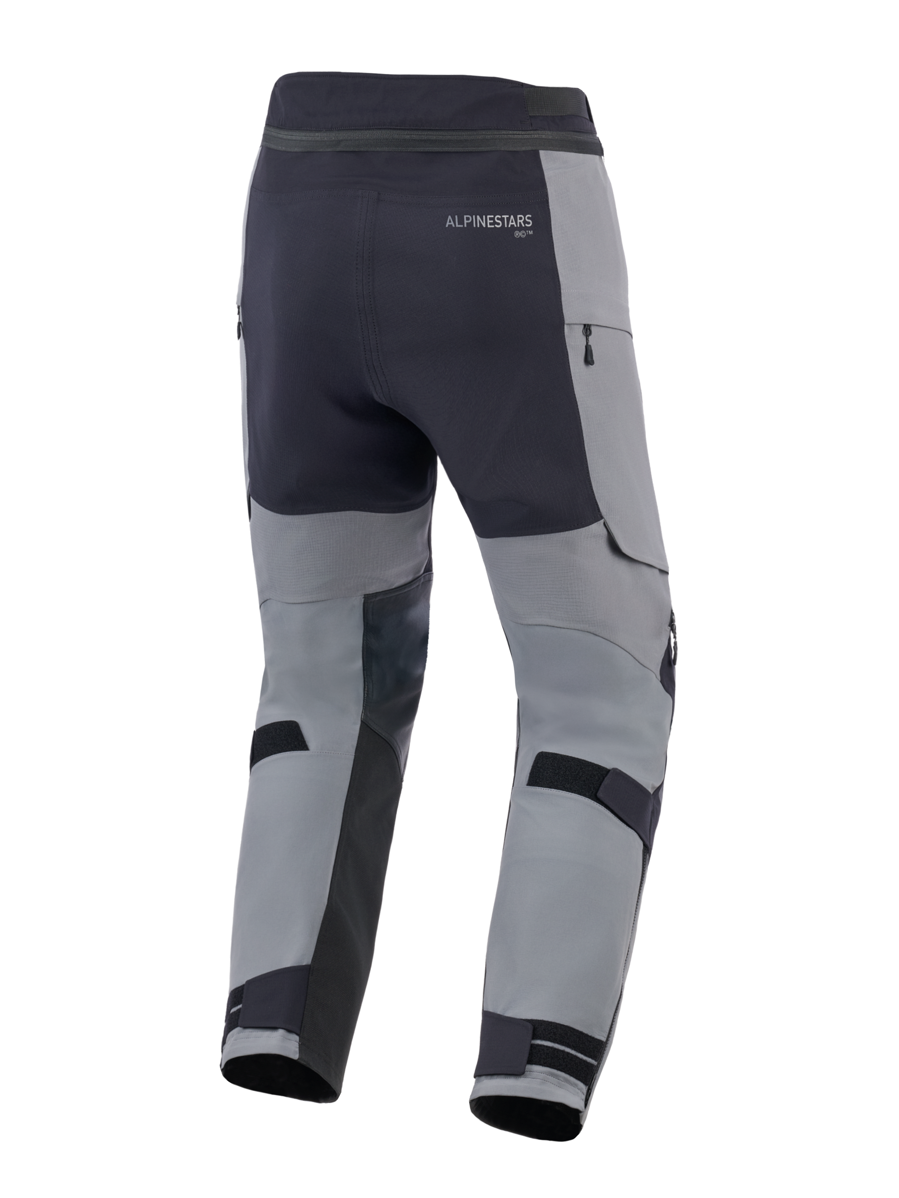 Alpinestars Andes Pro Drystar® XF Pants, pantaloni da moto adventure, grigio scuro e nero, vista posteriore con cinghie regolabili sui polpacci, marchio Alpinestars e dettagli con cerniere impermeabili