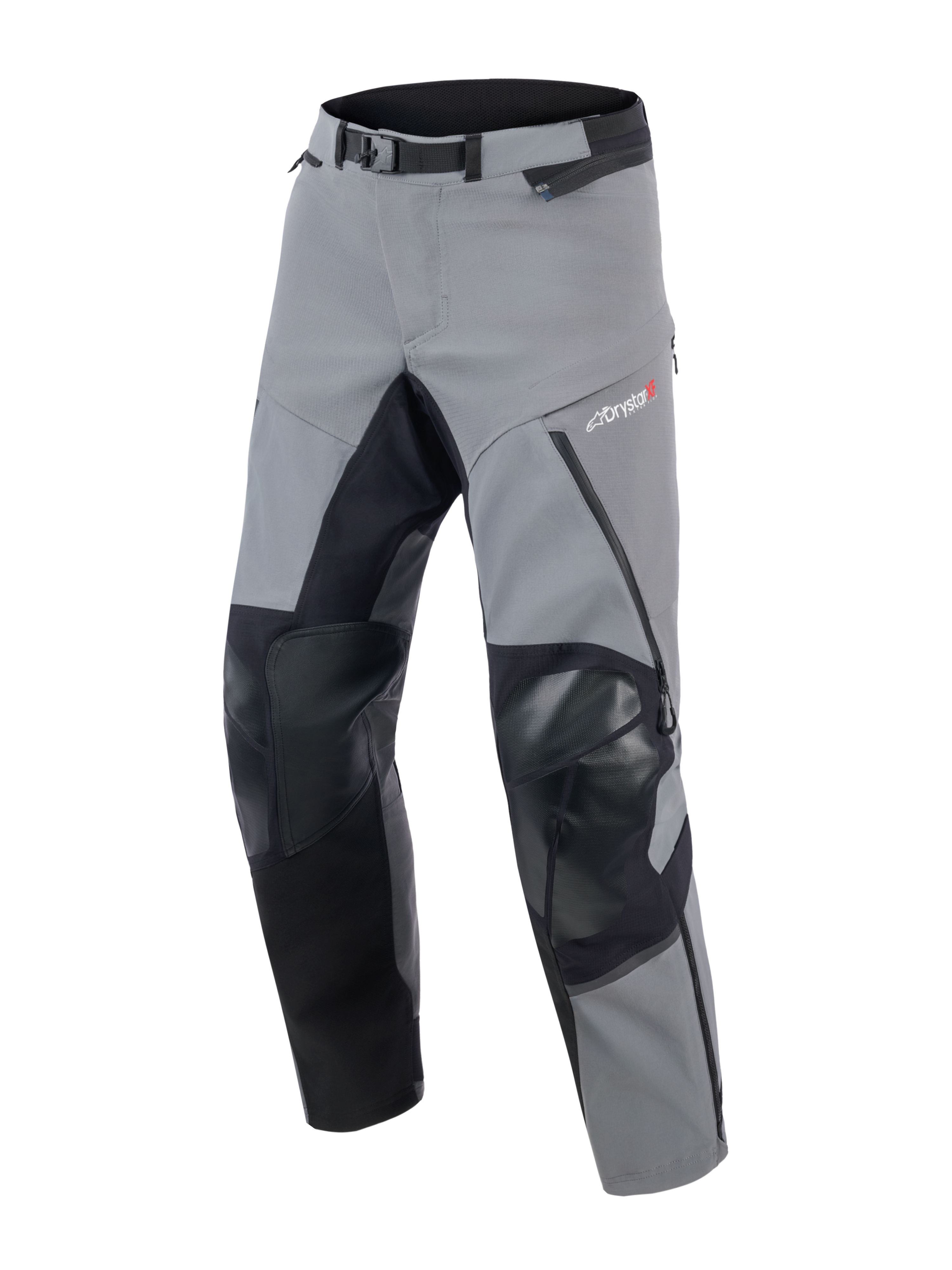 Alpinestars Andes Pro Drystar® XF Pants, pantaloni da moto adventure touring, grigio scuro e nero, con pannelli neri rinforzati su ginocchia e interno gamba, fibbia magnetica in vita e logo Drystar XF sulla coscia, design in tessuto tecnico per condizioni meteorologiche estreme.