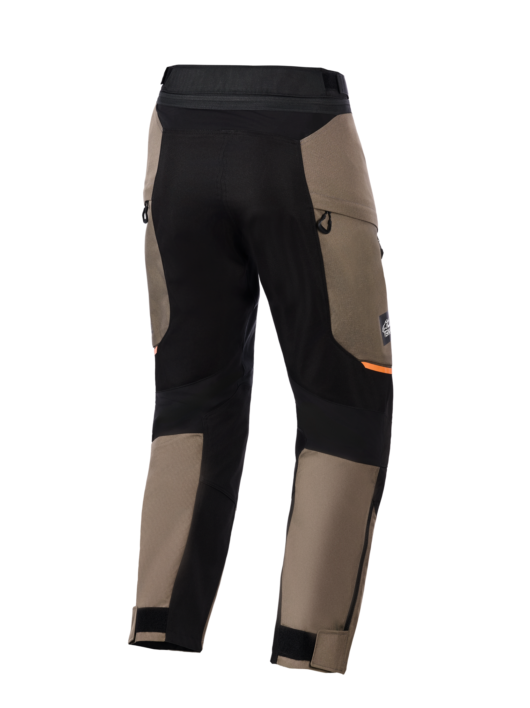Alpinestars Cusco Drystar® Pants, pantaloni da moto adventure, marrone noce e nero, vista posteriore con pannelli elasticizzati neri, accenti arancioni, prese d'aria con cerniera e orli regolabili in velcro per la guida su strada.