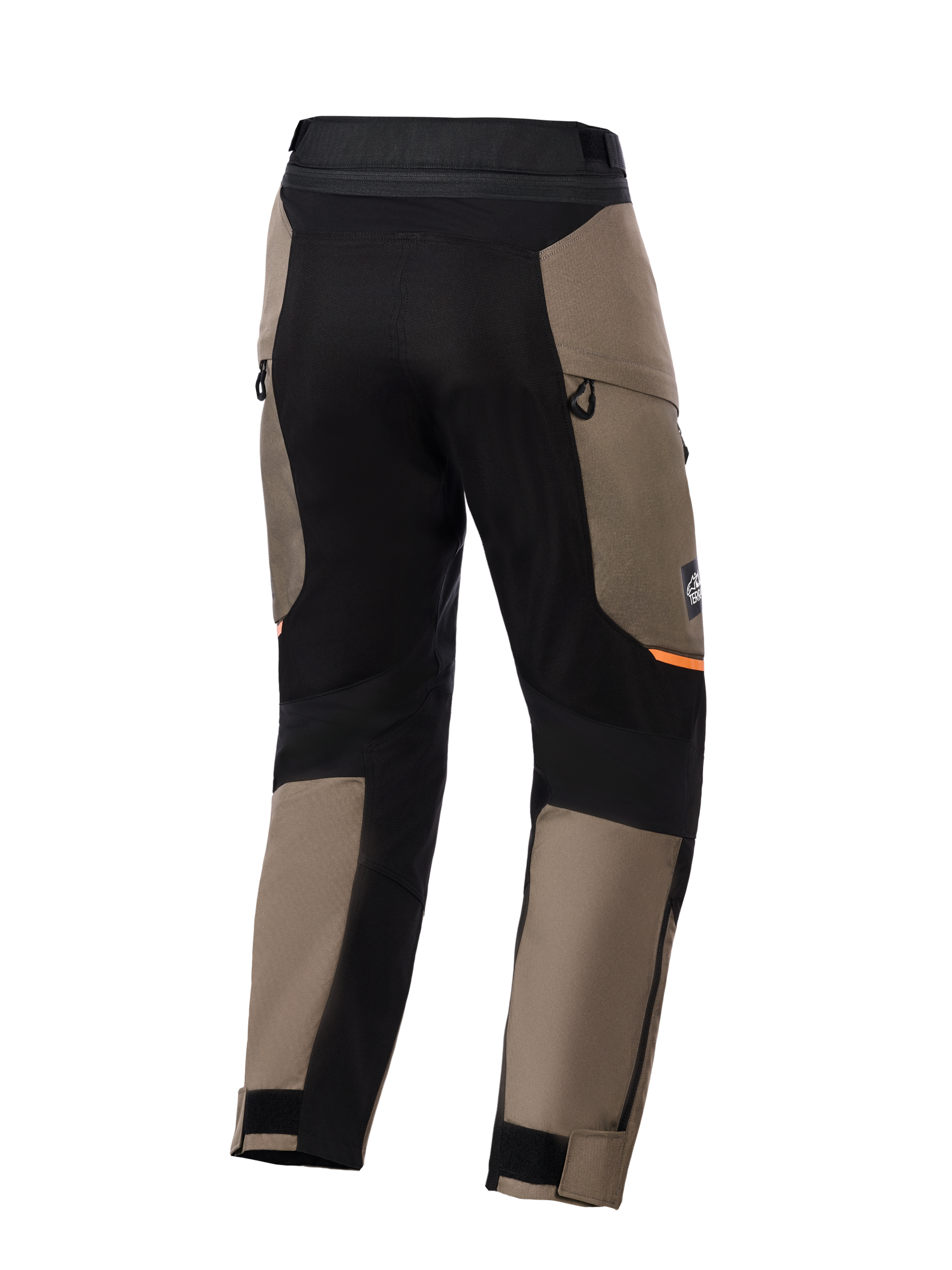 Alpinestars Cusco Drystar® Pants, pantaloni da moto adventure, marrone noce e nero, vista posteriore con pannelli elasticizzati neri, accenti arancioni, prese d'aria con cerniera e orli regolabili in velcro per la guida su strada.