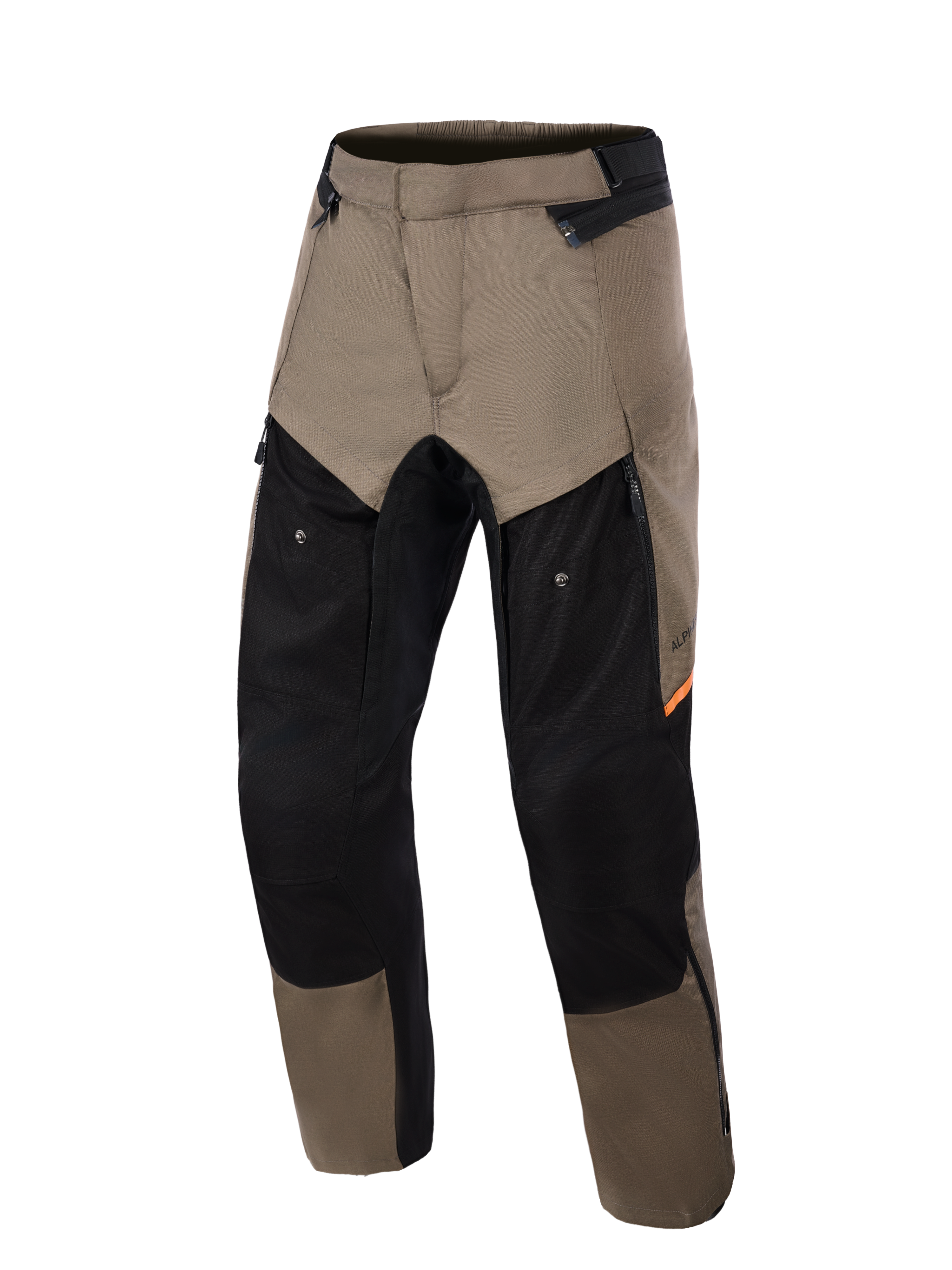 Alpinestars Cusco Drystar® Pants, pantaloni da moto adventure Walnut Black, vista frontale, con pannelli marrone noce e neri con accenti arancioni, ampie ventilazioni con zip sulle cosce e robusta costruzione in tessuto.