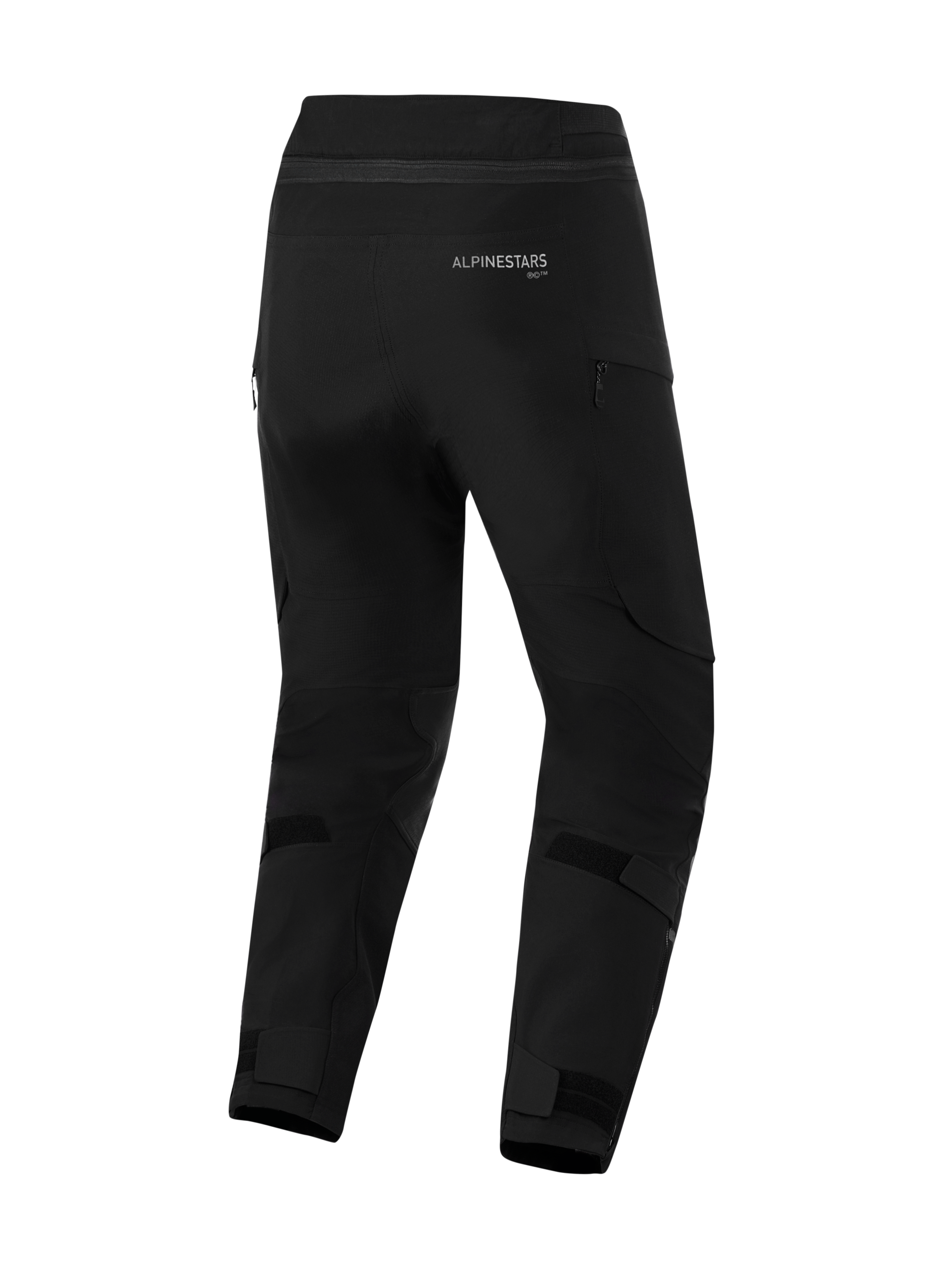 Alpinestars Pantaloni Andes Pro Drystar® XF - Versione corta, pantaloni da moto neri, vista posteriore con logo Alpinestars, cinturini in velcro regolabili su polpacci e caviglie, prese d'aria con zip e costruzione in tessuto resistente per l'adventure touring.