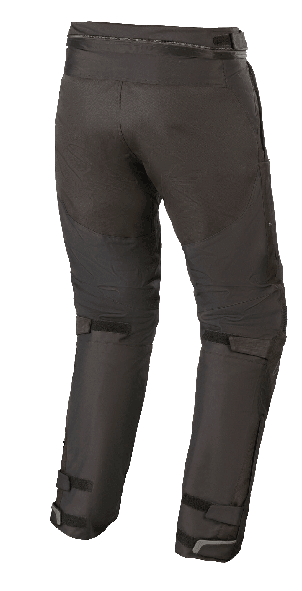 Pantaloni Alpinestars Raider V2 Drystar®, pantaloni da moto in tessuto, nero, vista posteriore che mostra la cerniera di connessione in vita e i cinturini in velcro regolabili sul retro delle gambe e delle caviglie.