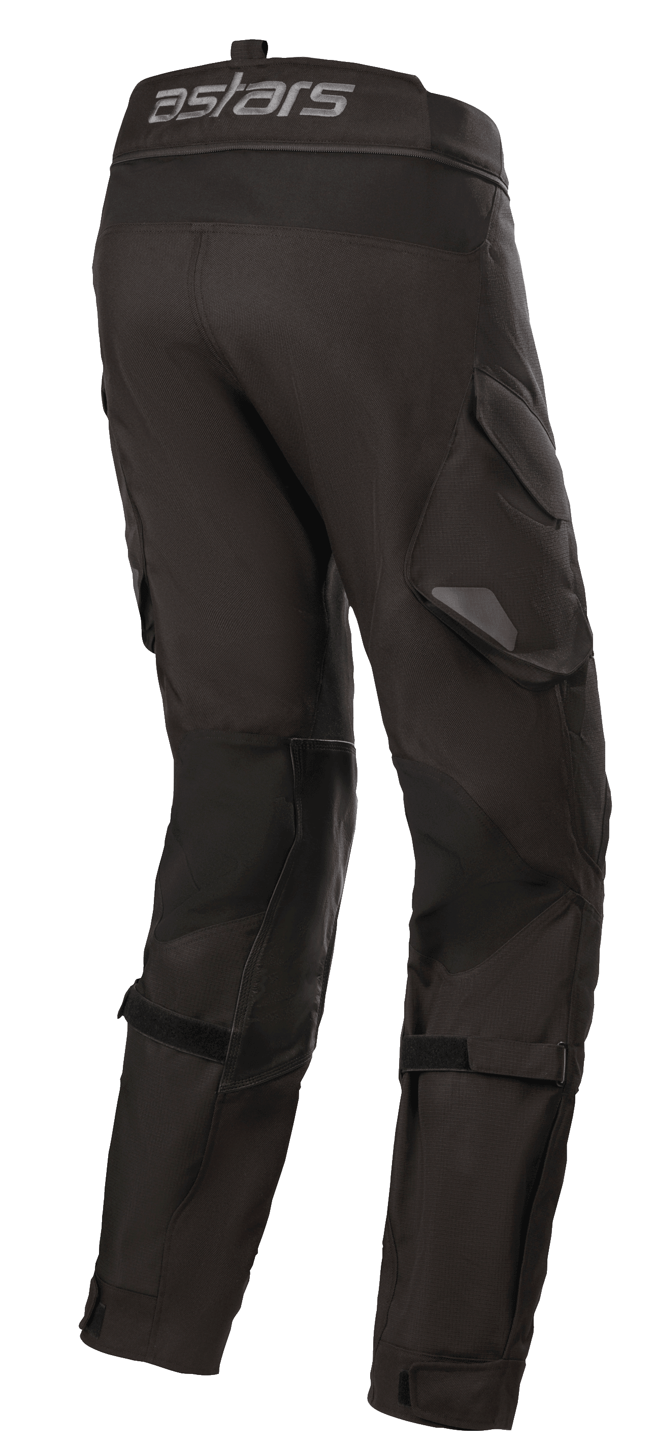 Pantaloni Alpinestars Halo Drystar®, pantaloni da moto adventure touring, nero, vista laterale posteriore con logo astars sulla cintura, tasche cargo funzionali e cinturini regolabili sulle gambe per una vestibilità sicura