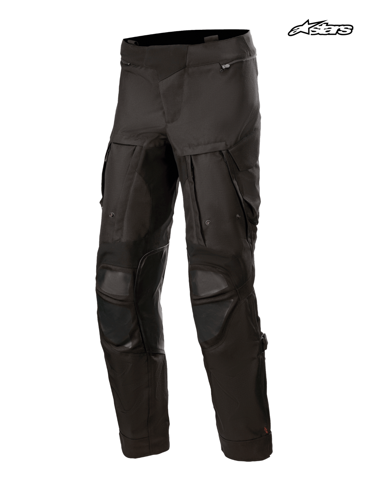 Alpinestars Pantaloni Halo Drystar, pantaloni da moto adventure da uomo, colore nero, vista frontale con struttura in tessuto impermeabile e pannelli di ventilazione sulle cosce
